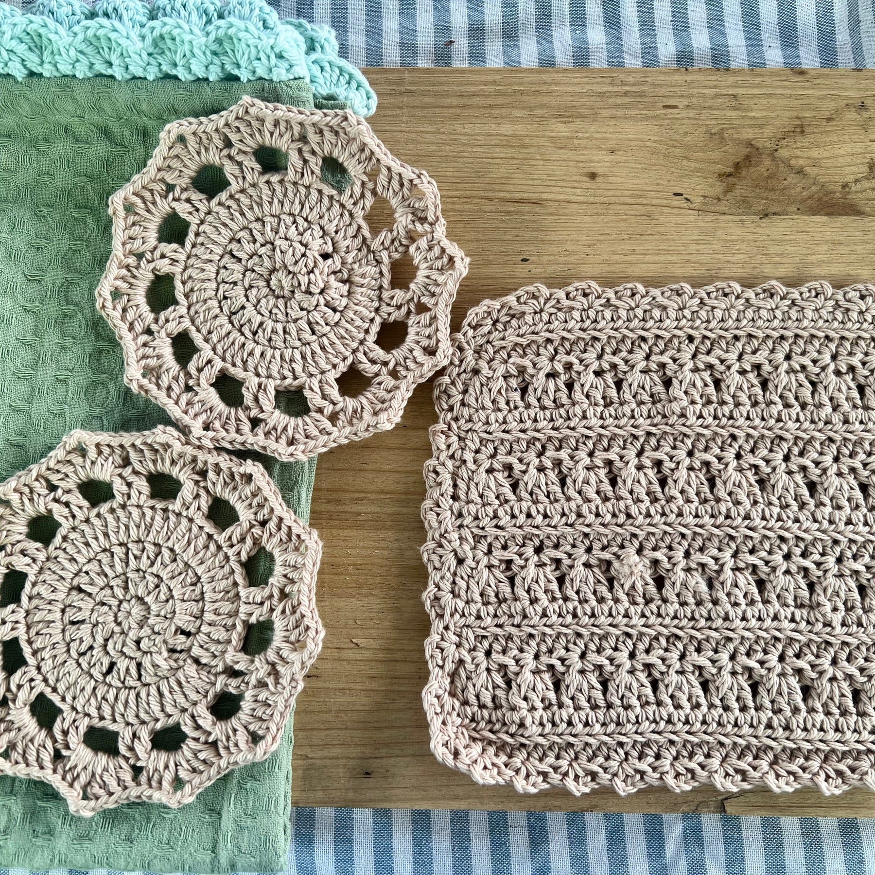 Coastal Kitchen Gift Set, Handmade Crochet Tea Towel & Coasters