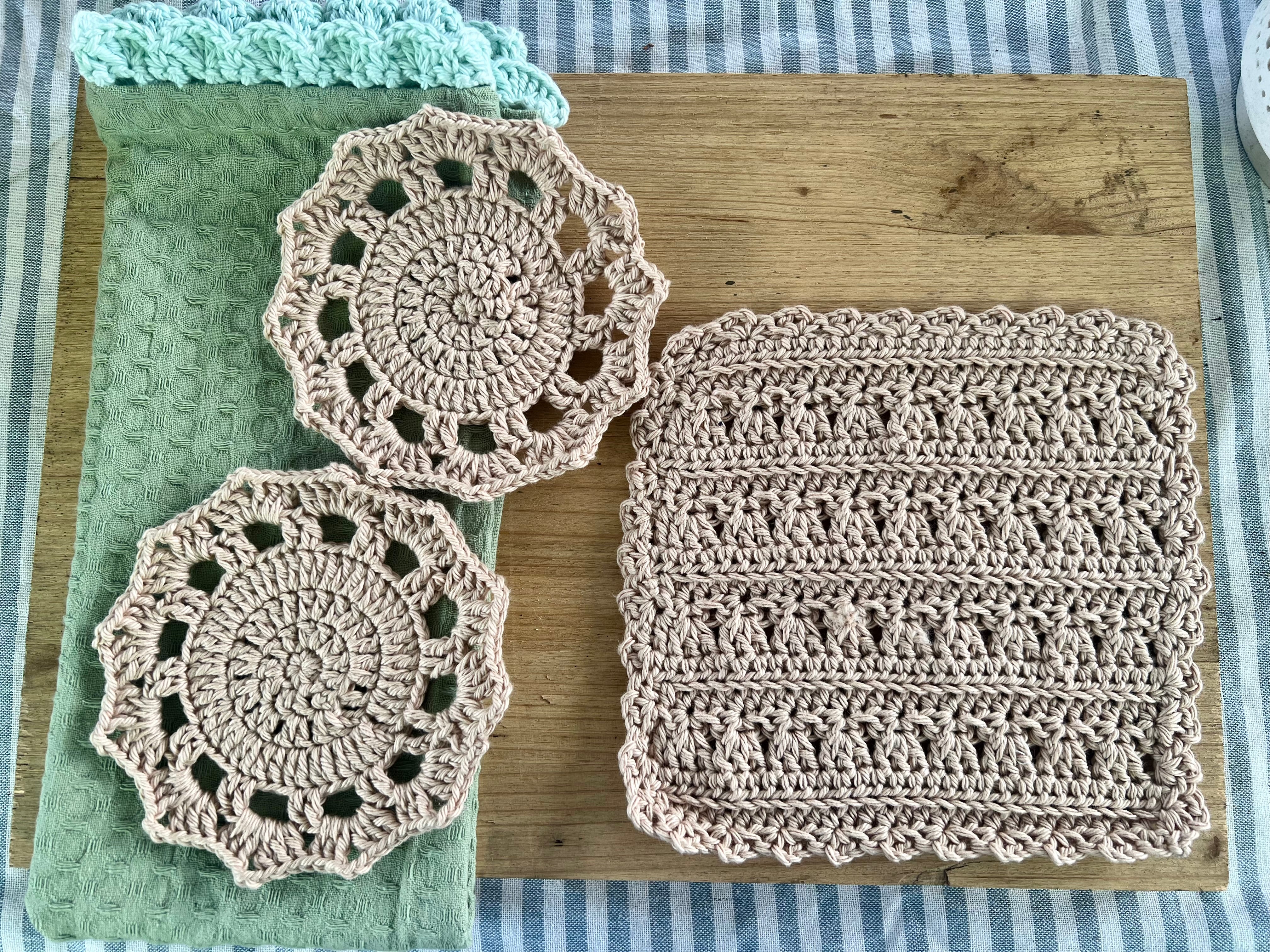 Coastal Kitchen Gift Set, Handmade Crochet Tea Towel & Coasters