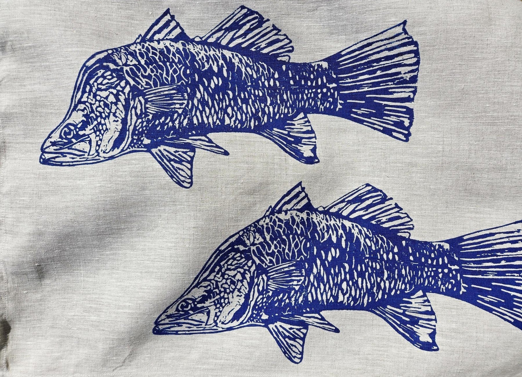 Hand Screen Printed Linen Tea Towels- Australian Barramundi