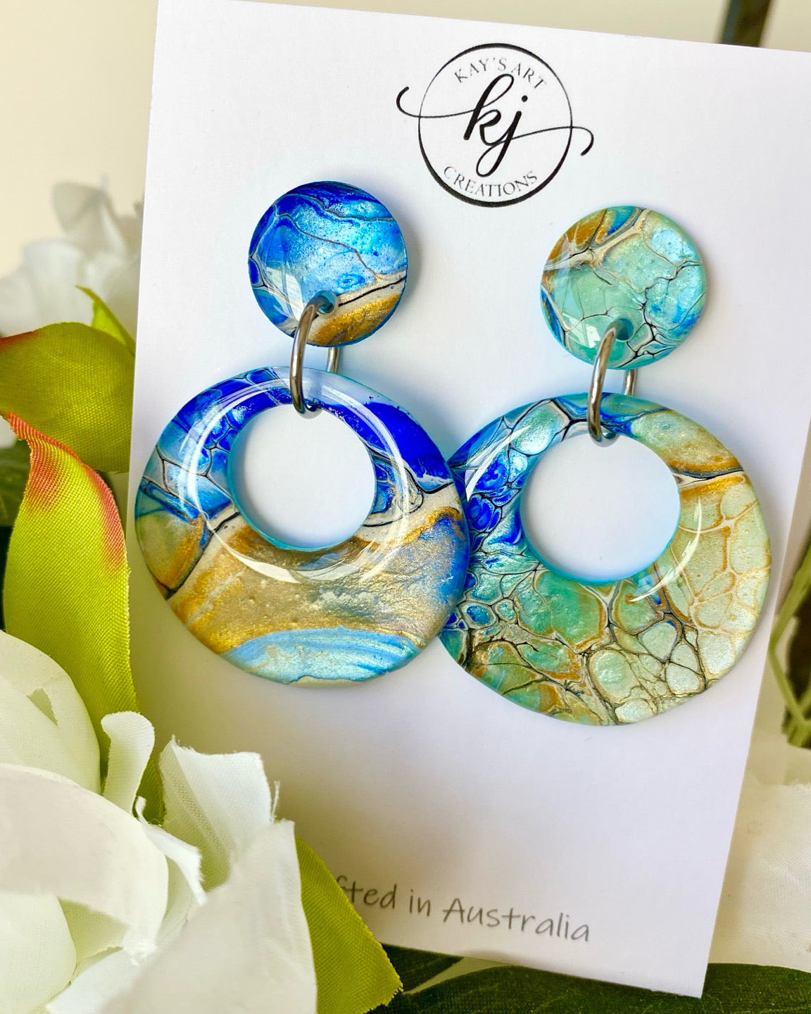 Hand Painted Turquoise Ultramarine Stud Dangle Earrings