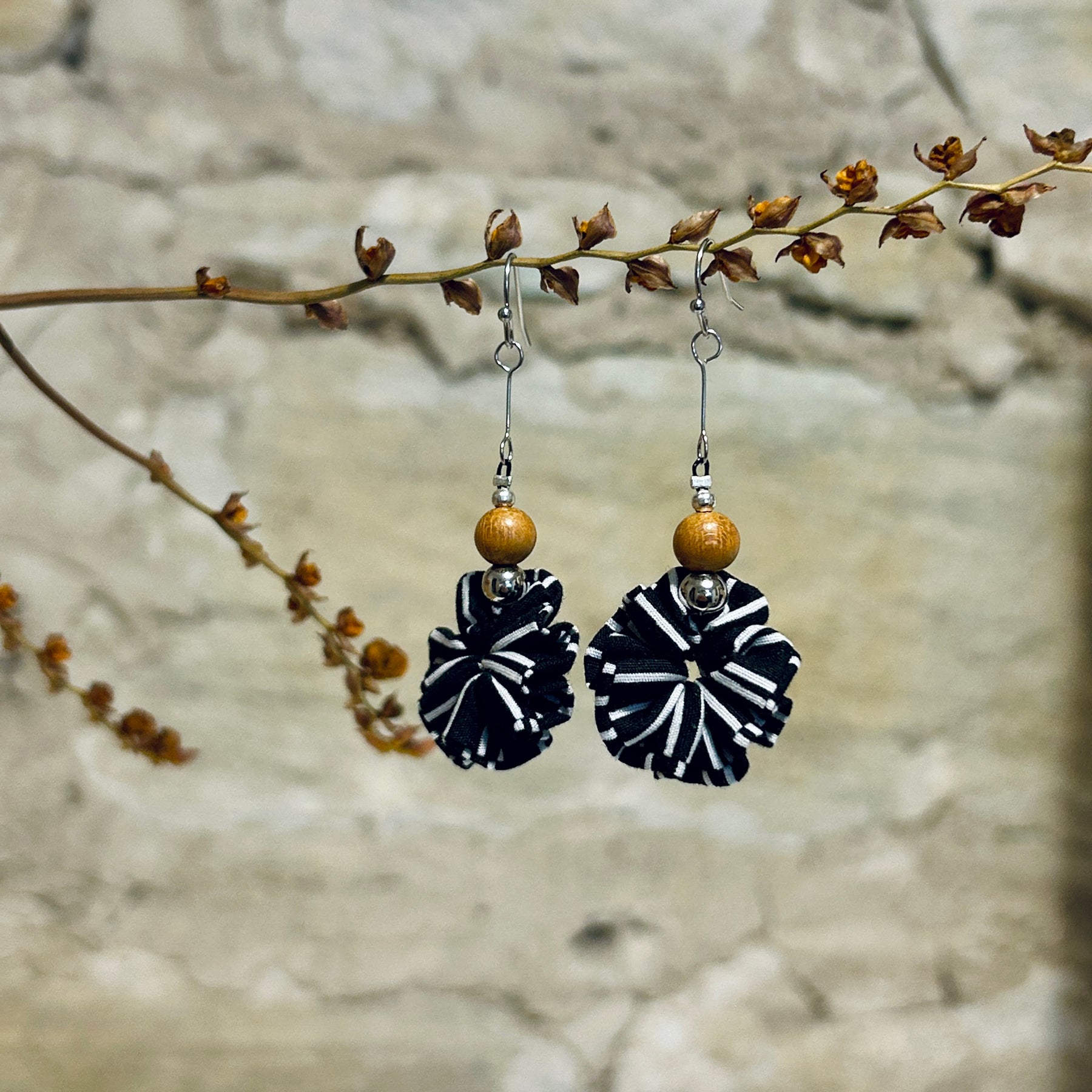 Earrings Black White Textile Wooden Beads - EBW-114