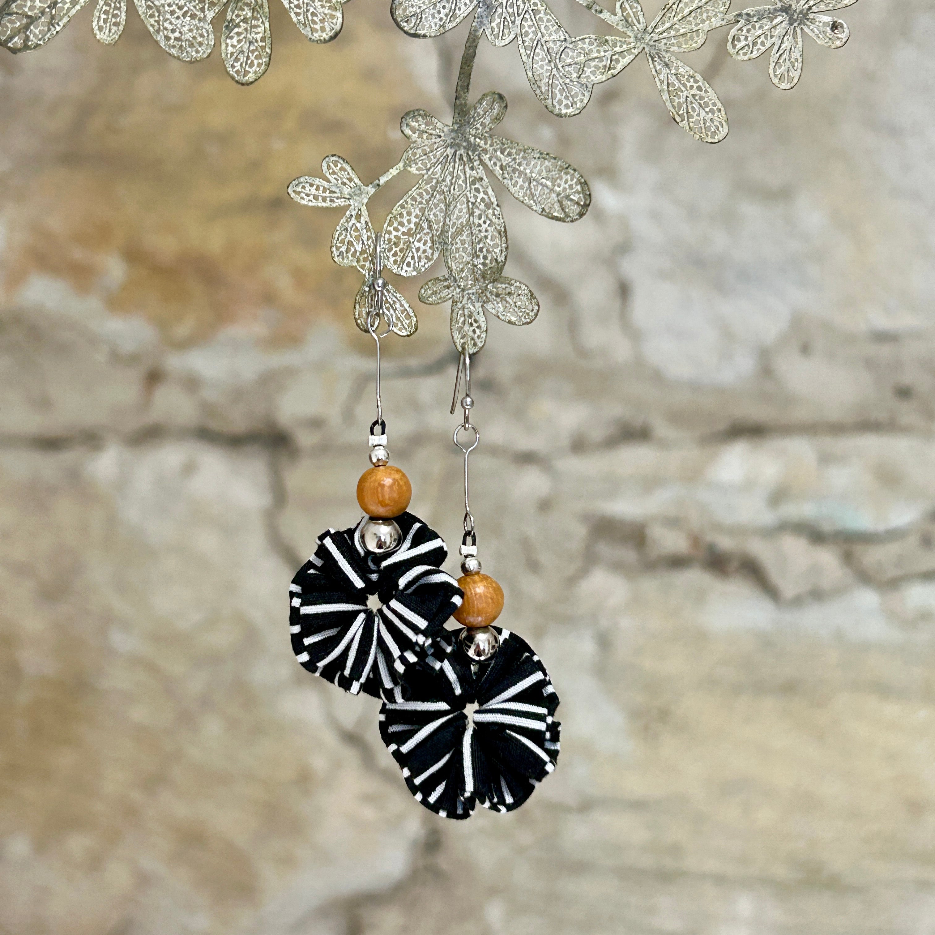 Earrings Black White Textile Wooden Beads - EBW-114