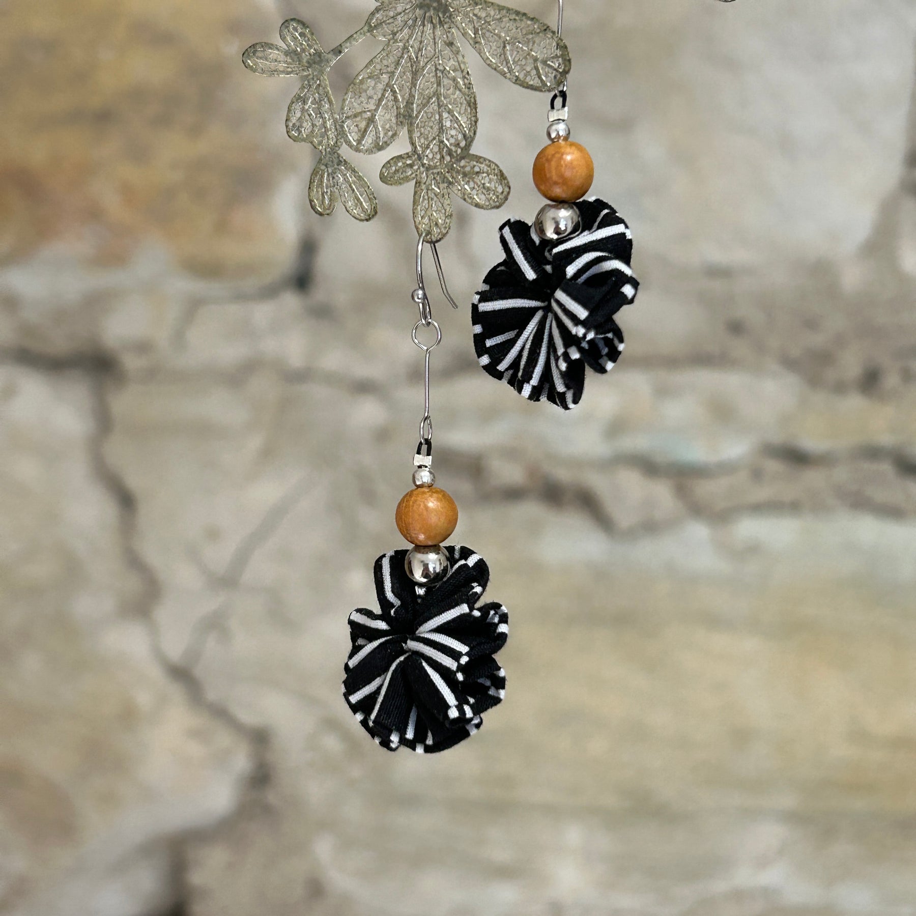 Earrings Black White Textile Wooden Beads - EBW-114