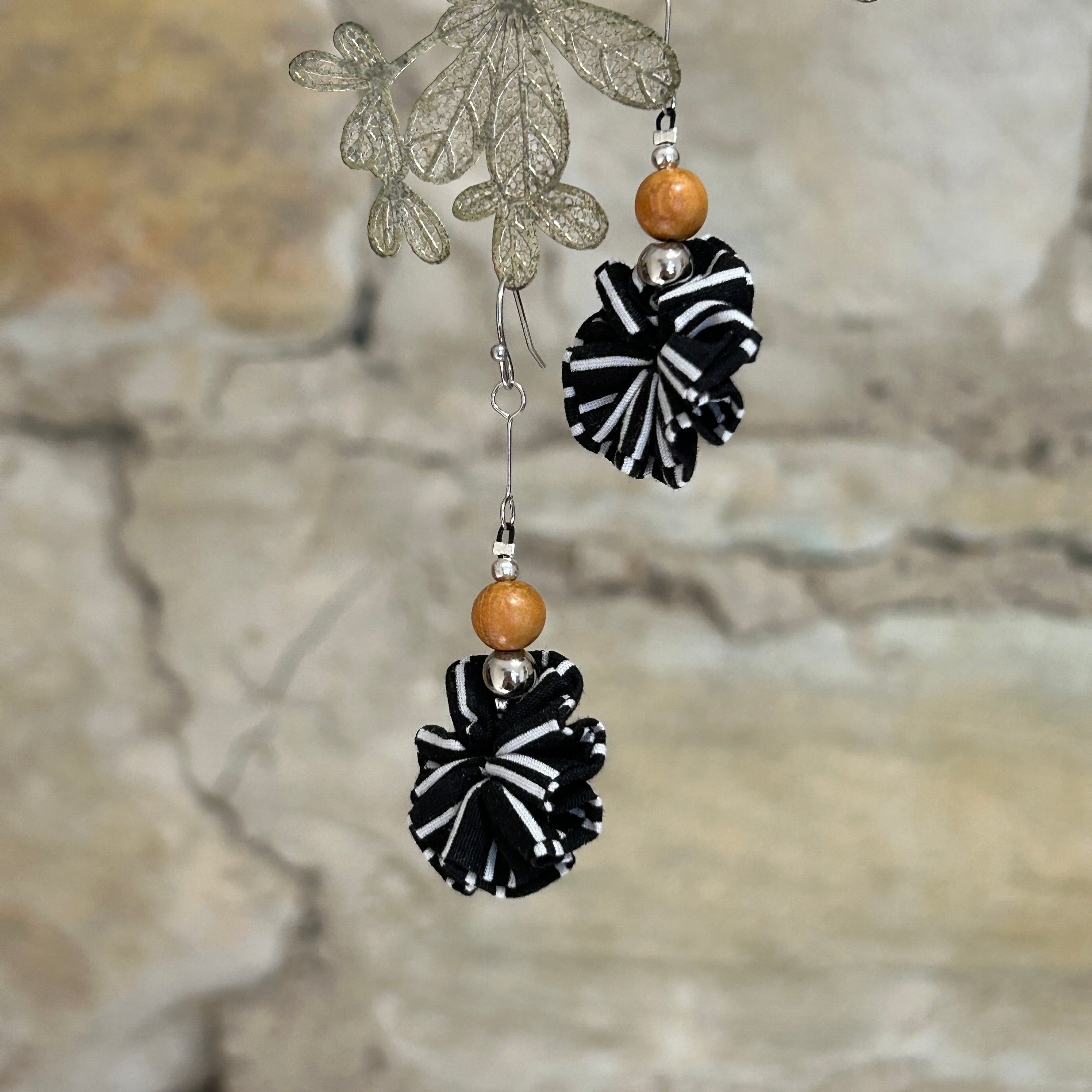Earrings Black White Textile Wooden Beads - EBW-114