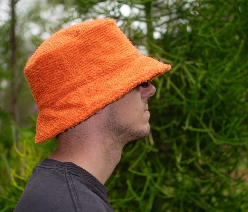 Bucket Hat - Upcycled Chenille Bedspread - Orange