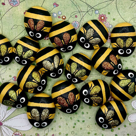 Set of 4 hand painted rock glitter bees