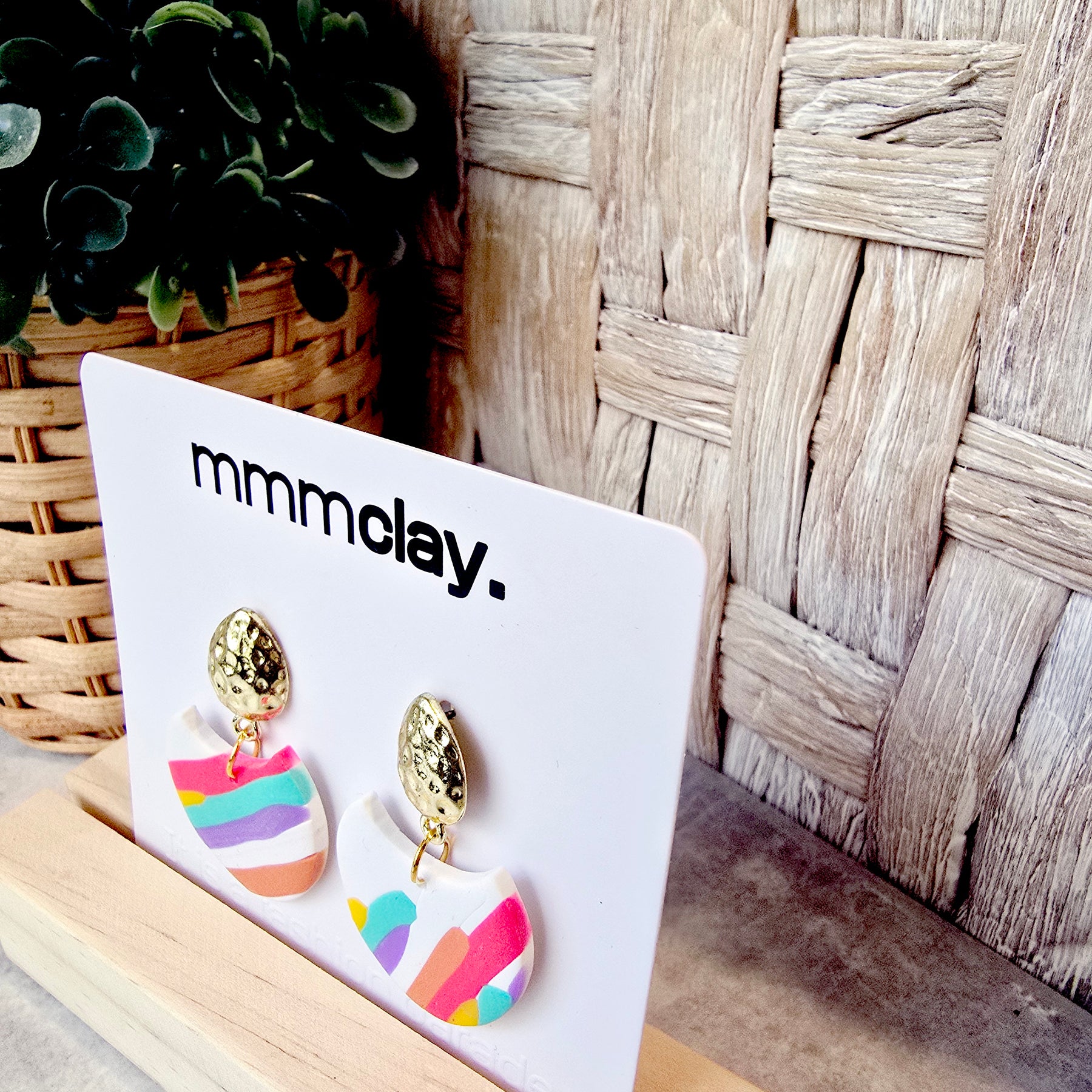 White Rainbow Striped Polymer Clay Drop Earrings