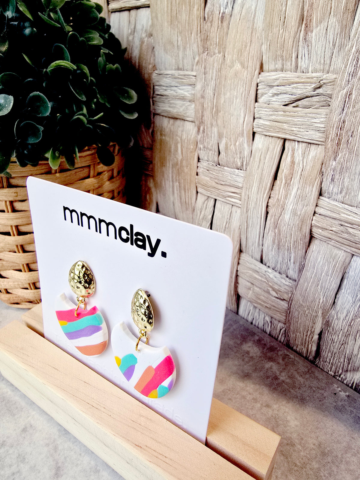 White Rainbow Striped Polymer Clay Drop Earrings