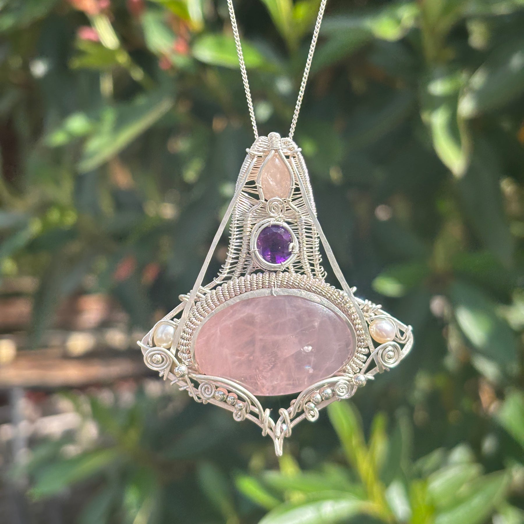 Amethyst/Rose Quartz Crystal silver wire wrap pendant