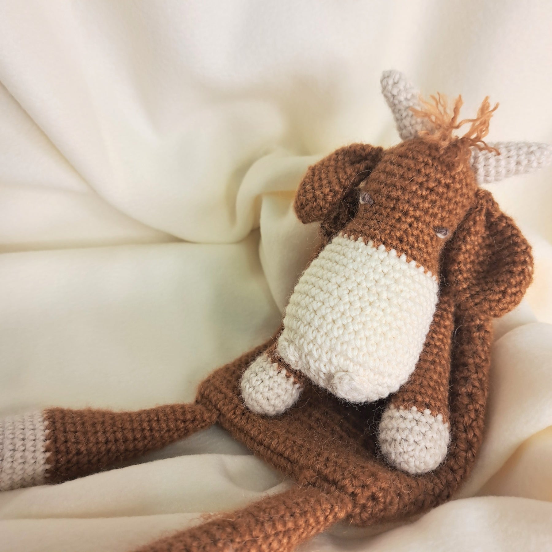 Handmade crochet Highland cow snuggler, Australian wool, alpaca, silk