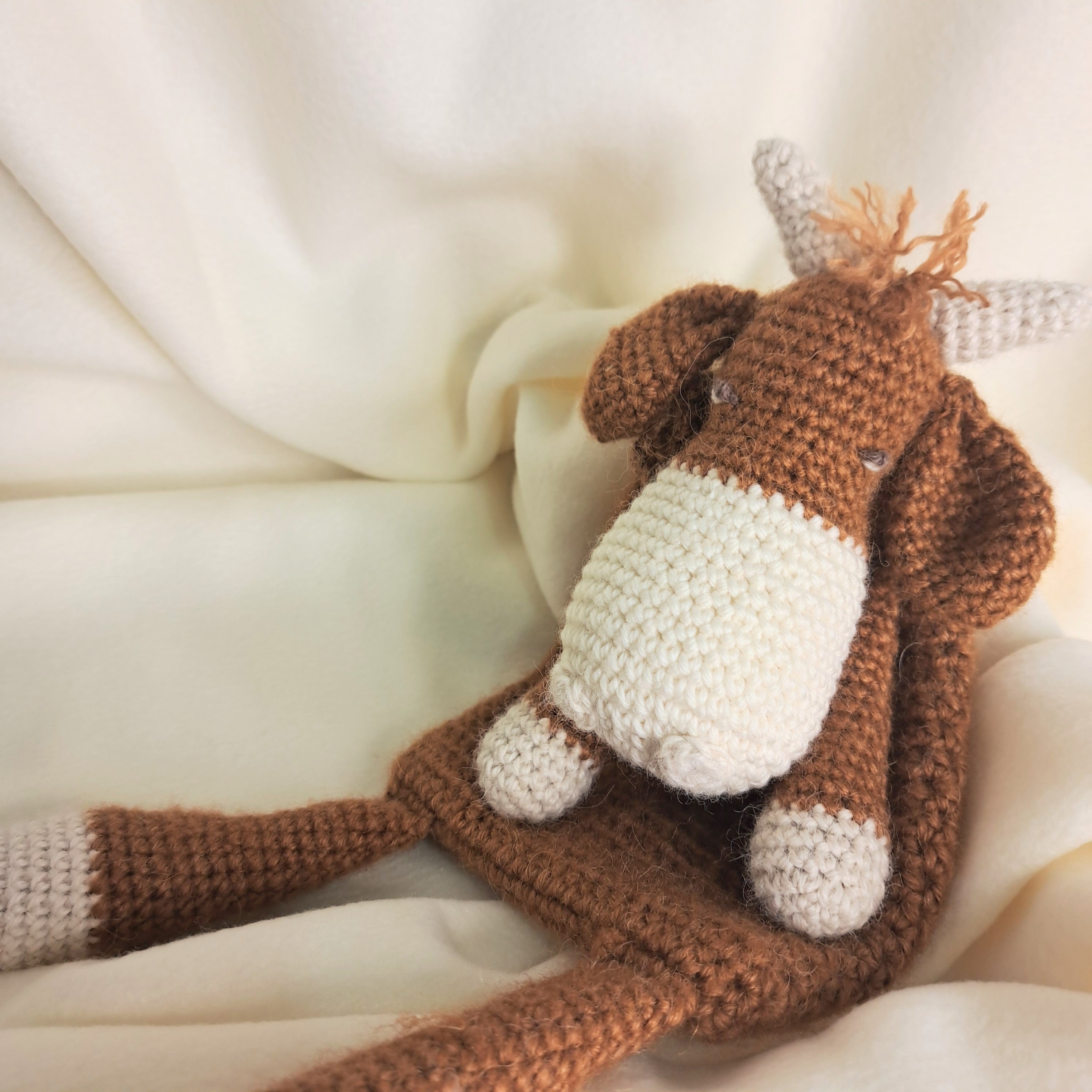 Handmade crochet Highland cow snuggler, Australian wool, alpaca, silk