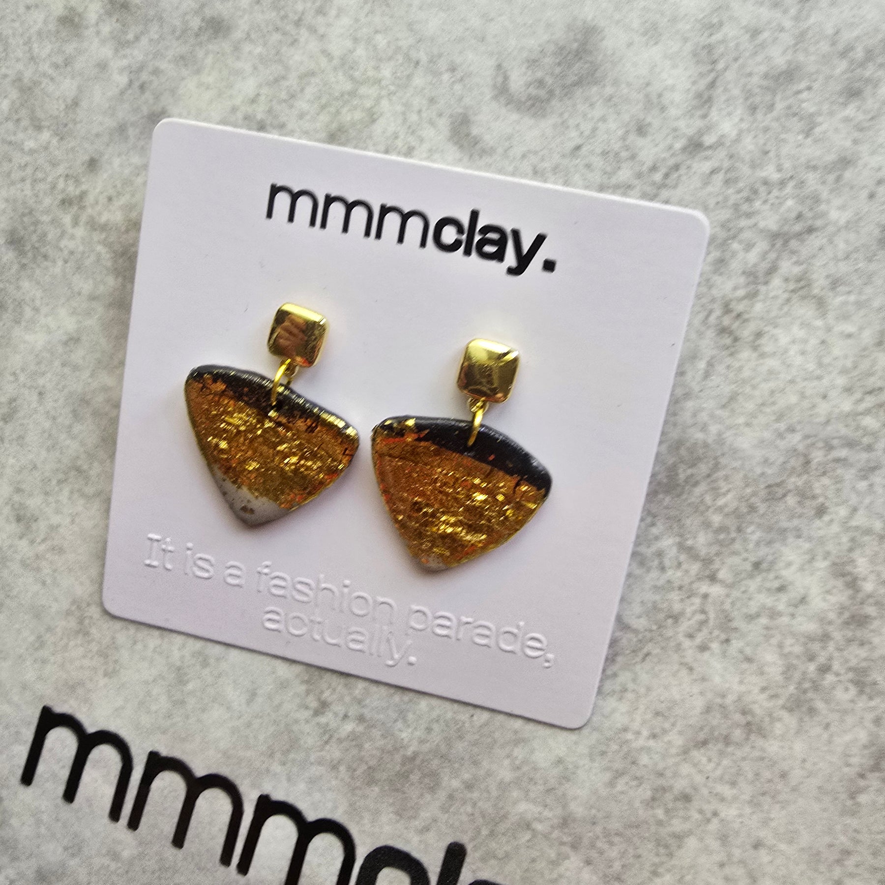 Black and Gold Geometric Triangle Polymer Clay Earrings | 9K Gold Plated