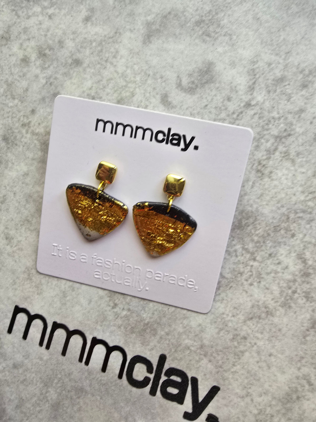 Black and Gold Geometric Triangle Polymer Clay Earrings | 9K Gold Plated
