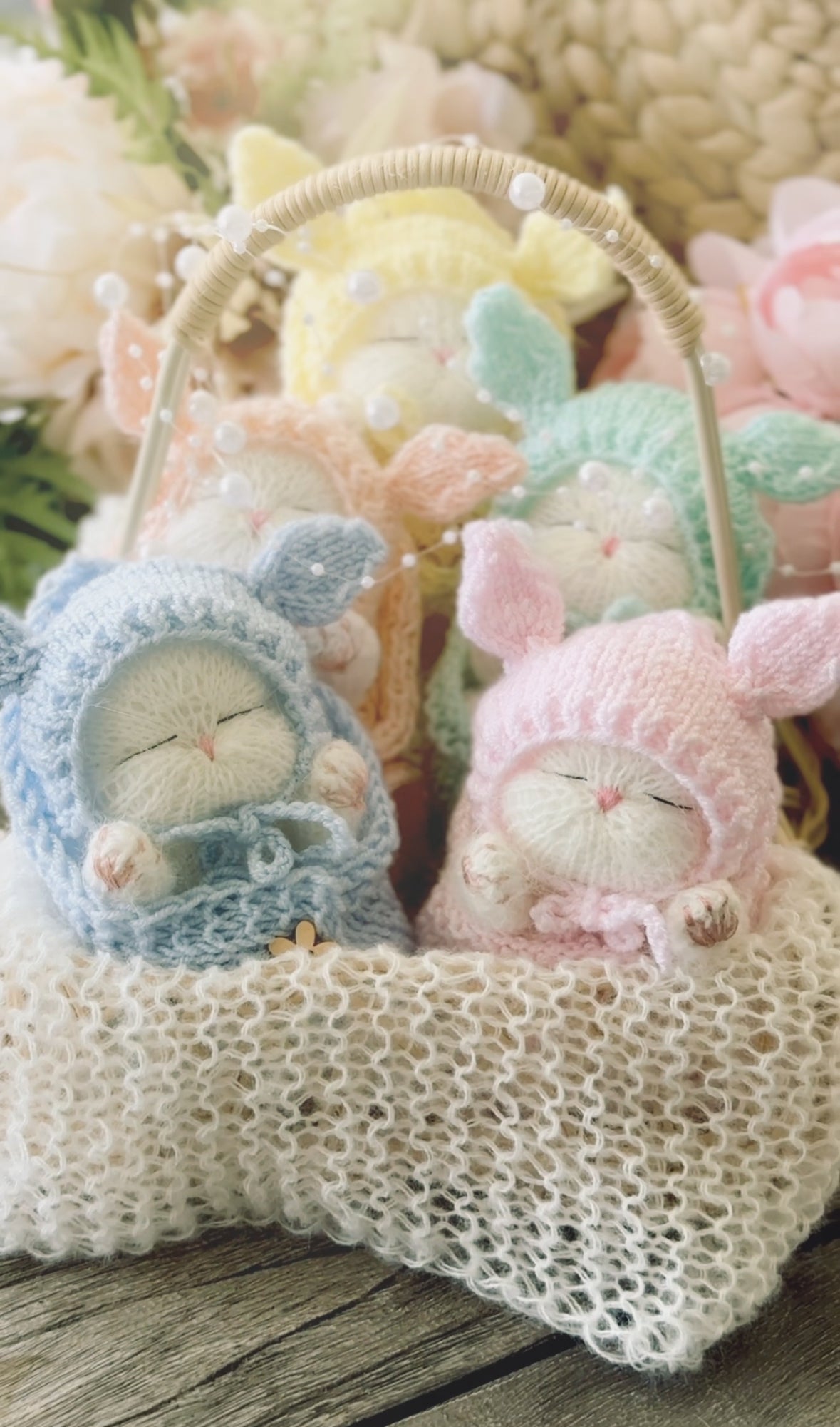 Handmade White Sleeping Kitty in The Bunny Beanie and Blanket