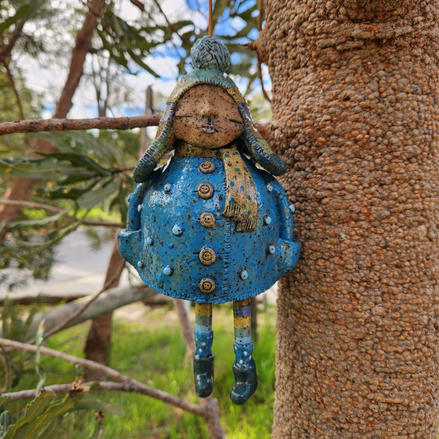 Clay windchime, little girl, blue