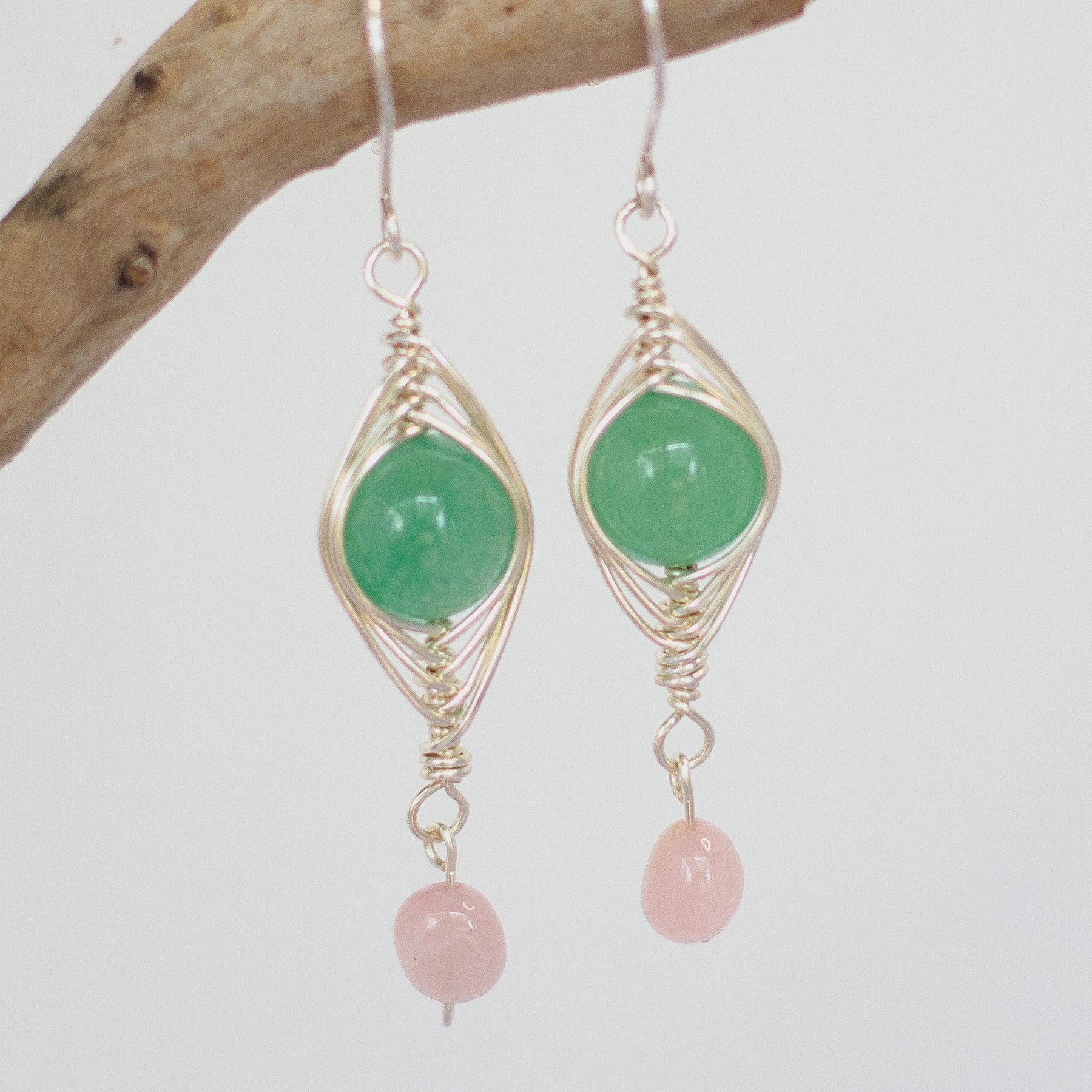 Green Aventurine and Rose Quartz Silver Earrings | Gemstone Wire Wrap Jewellery