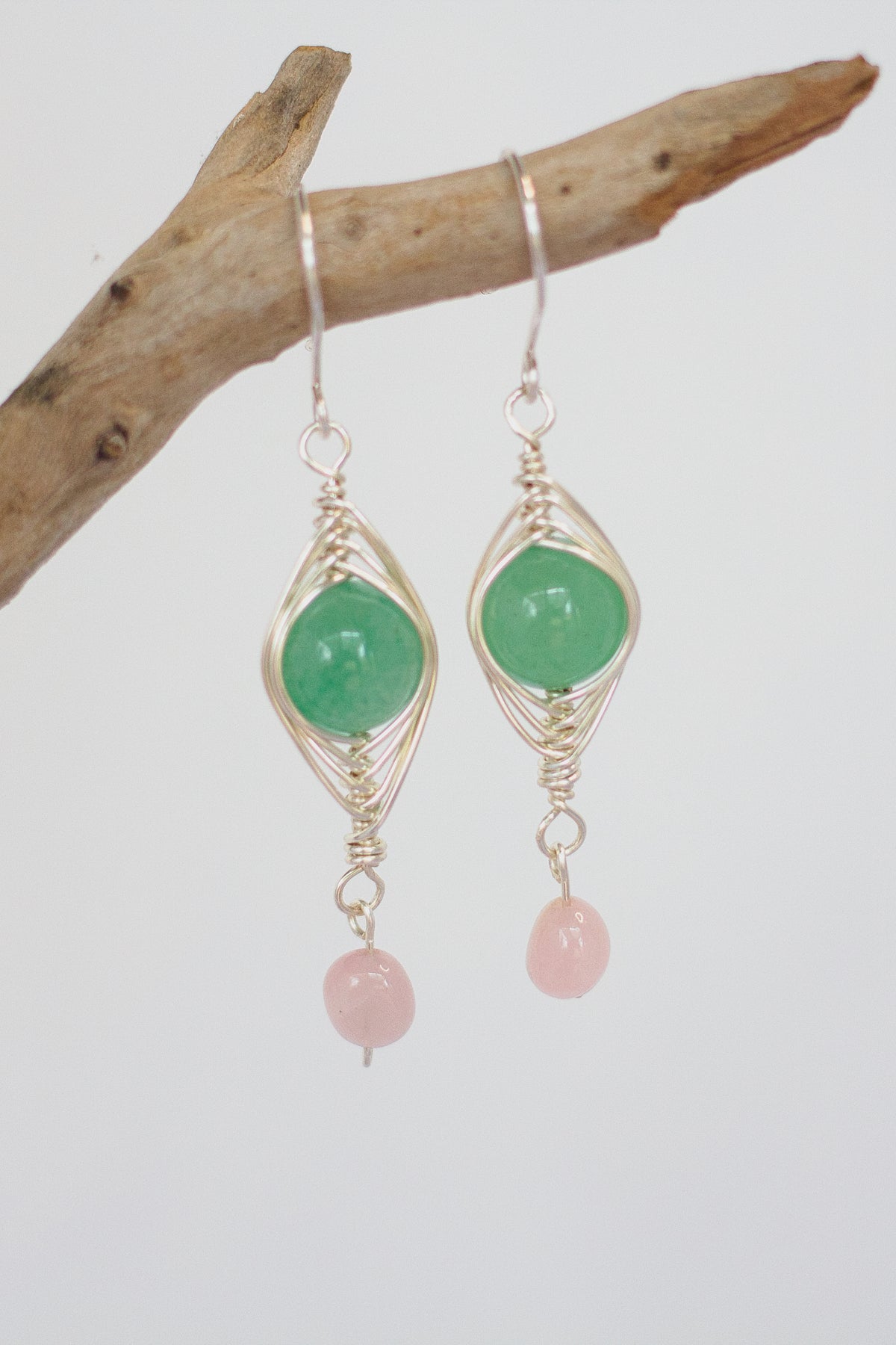 Green Aventurine and Rose Quartz Silver Earrings | Gemstone Wire Wrap Jewellery