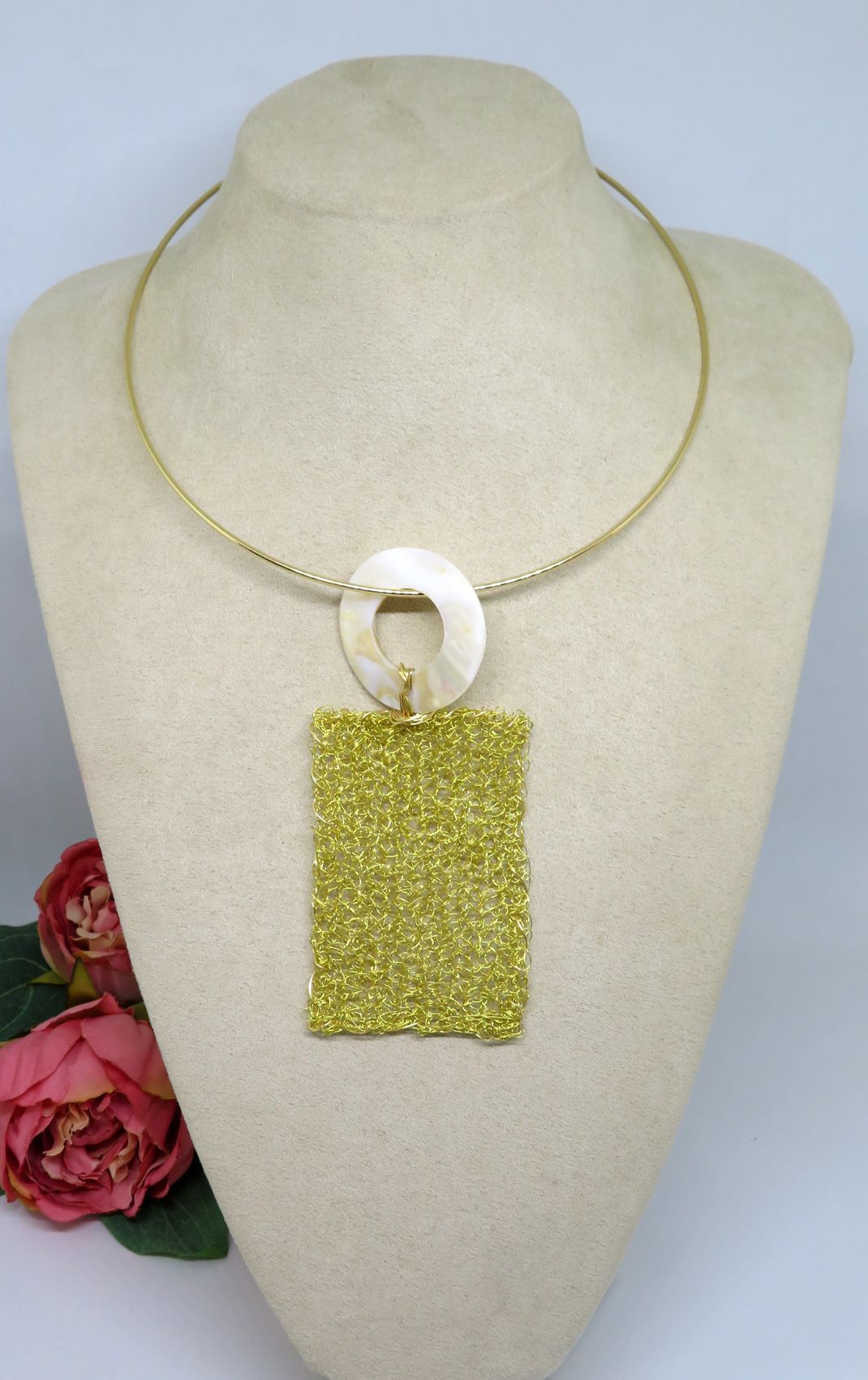 Bespoke Handmade Gold Crochet Wire Long Shell Pendant Choker Necklace