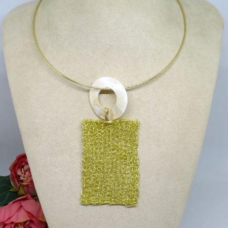 Bespoke Handmade Gold Crochet Wire Long Shell Pendant Choker Necklace