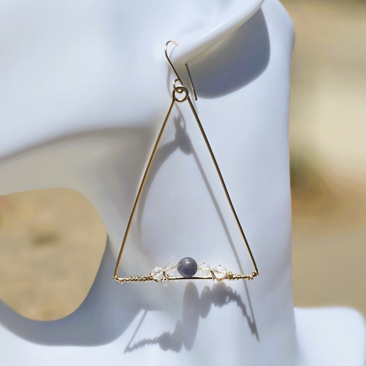 Large Triangle 14kt GF Earrings with Tanzanite & Quartz