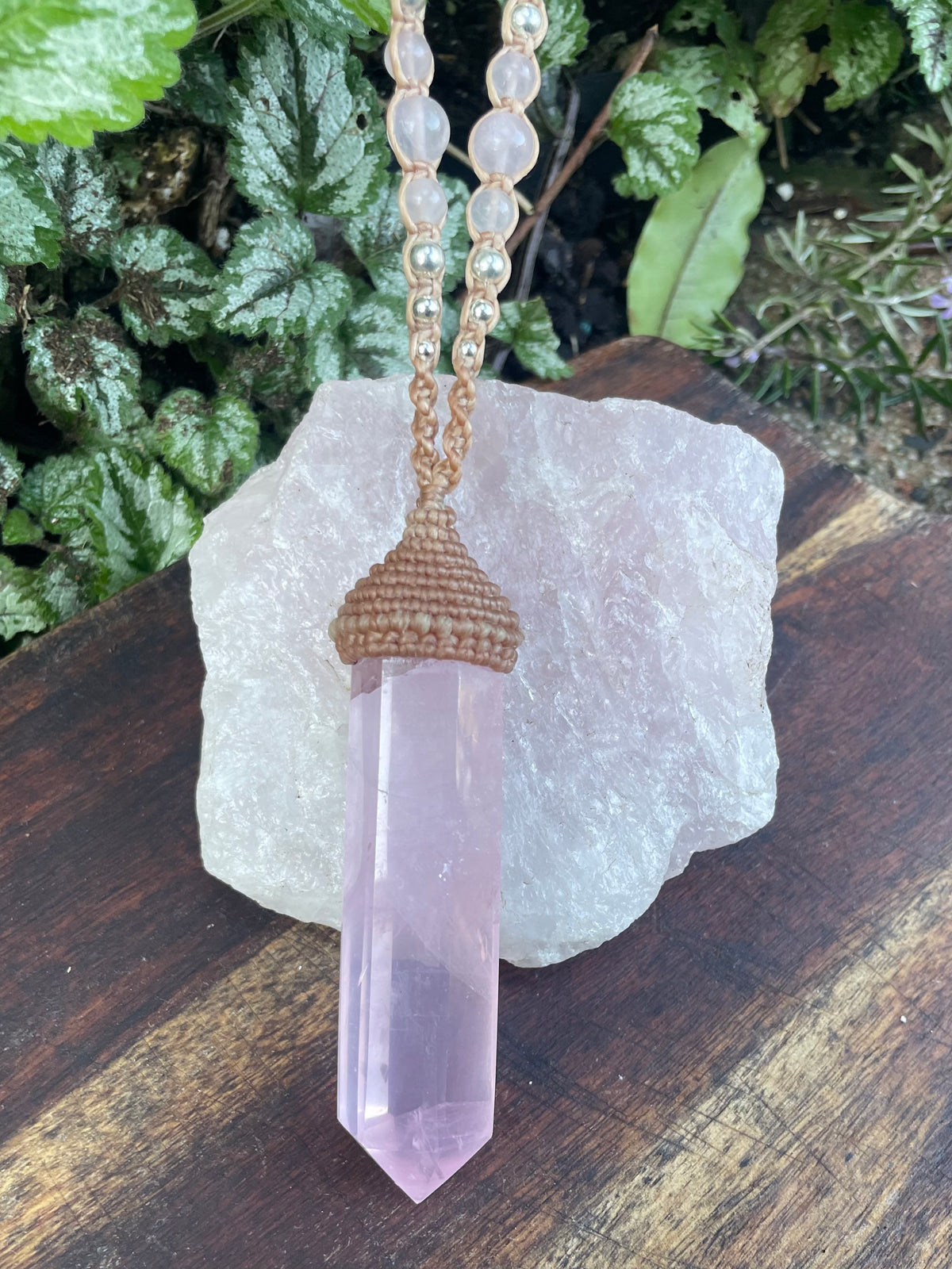 Rose quartz Pendant, double pointed crystal, Macrame necklace,