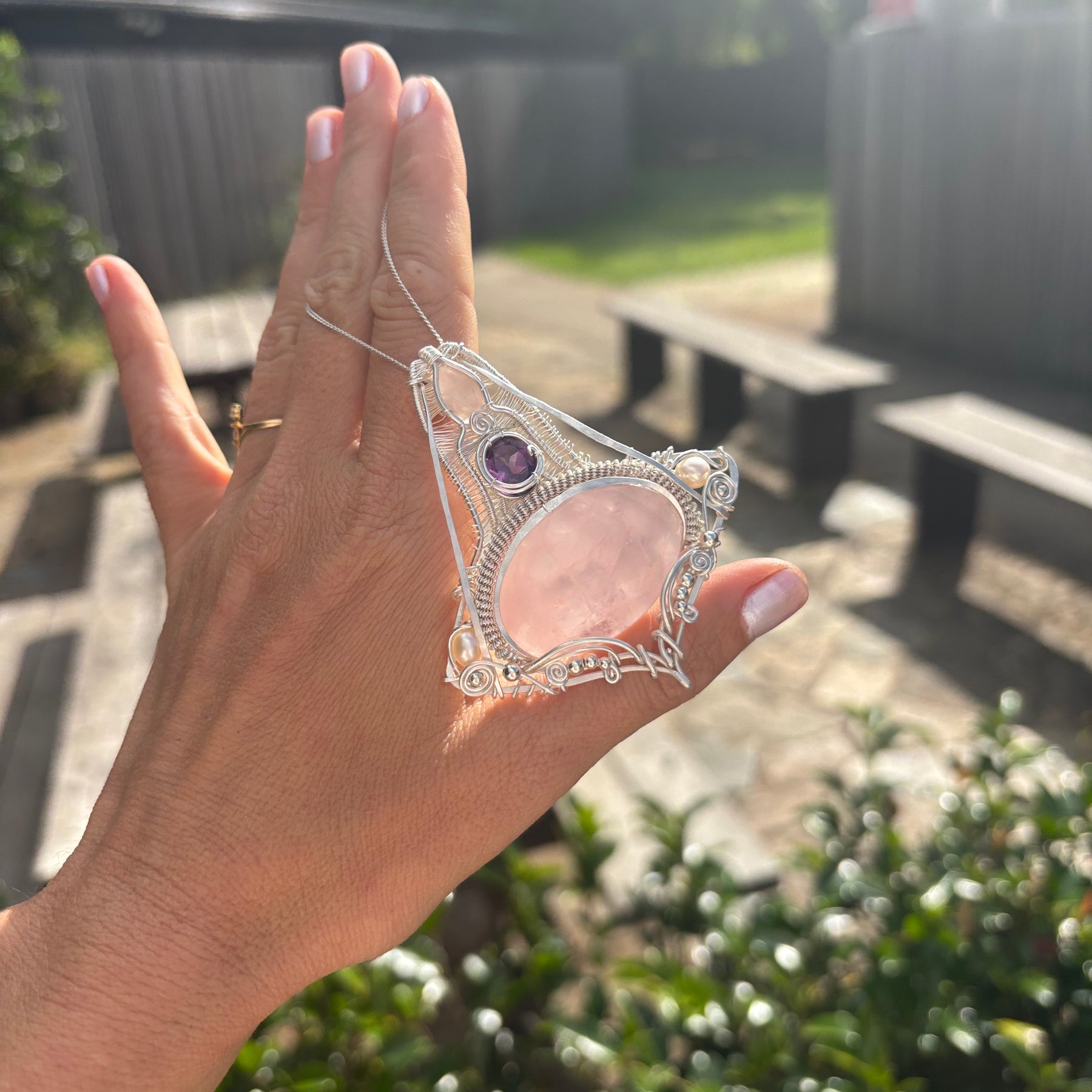 Amethyst/Rose Quartz Crystal silver wire wrap pendant