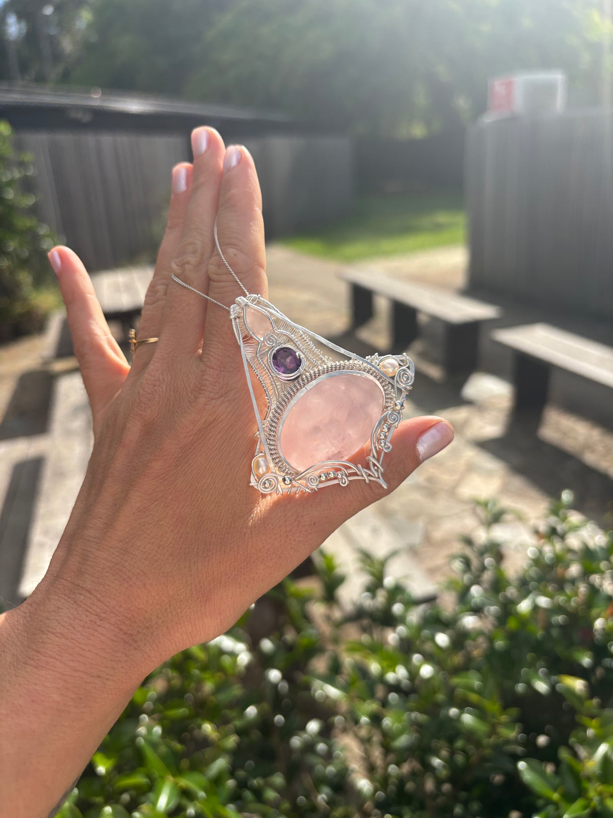 Amethyst/Rose Quartz Crystal silver wire wrap pendant