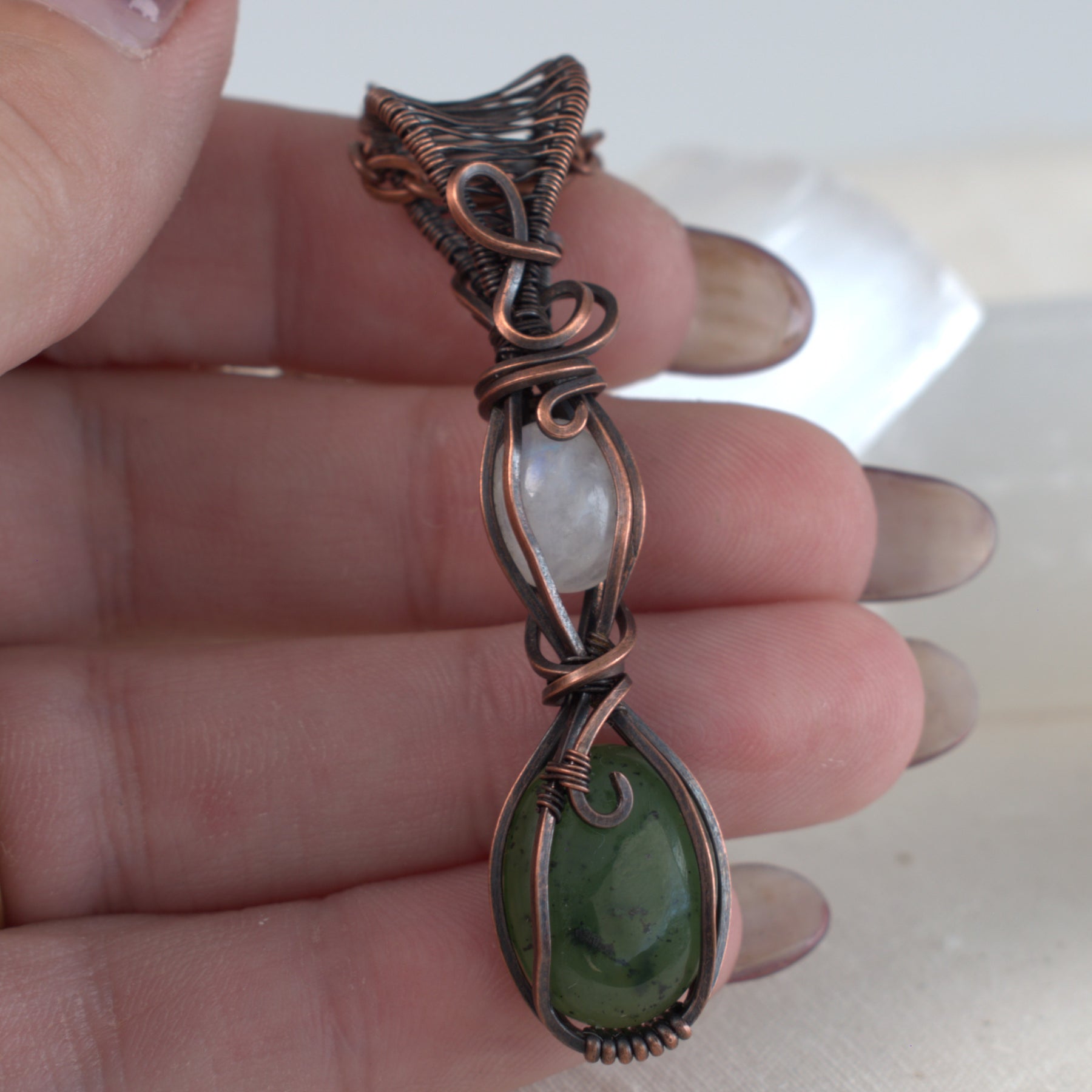 Moonlit Grove – Nephrite & Rainbow Moonstone Copper Pendant