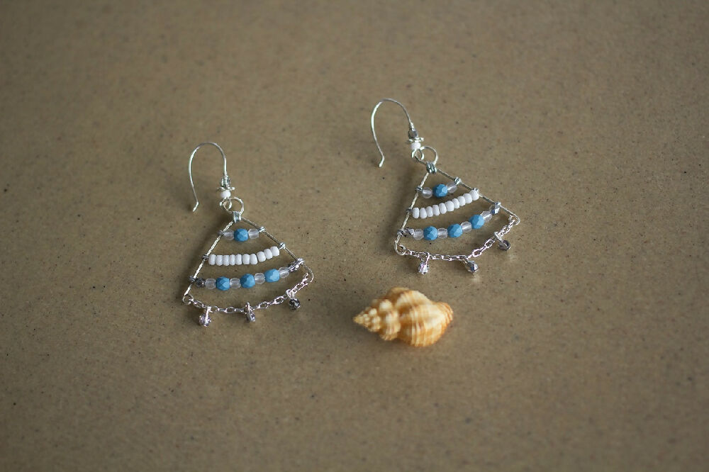 Blue and White Beaded Dangle Earrings, Tribal Style Earrings