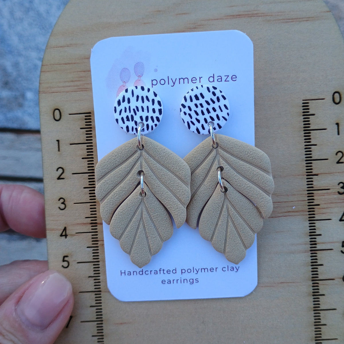 Beige Leaf dangle earrings with painted stud top