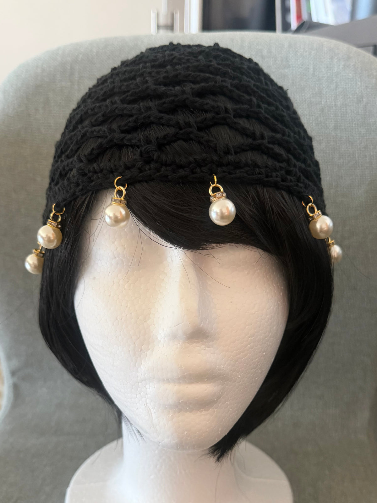 Black Cotton Crochet Hat with Pearl Charms