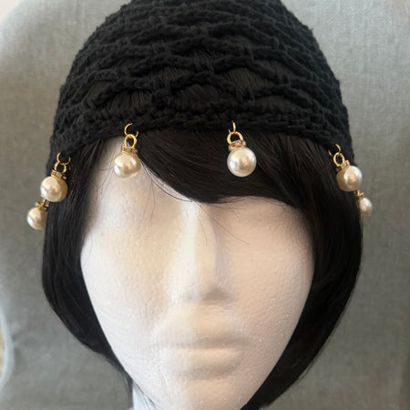 Black Cotton Crochet Hat with Pearl Charms
