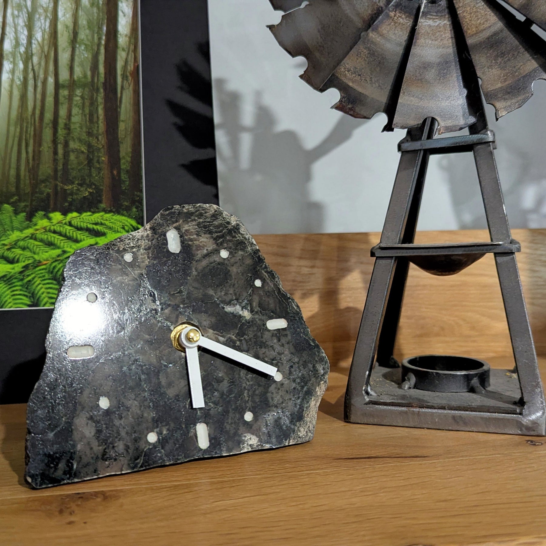 Polished Black & White Marble Stone Slab Clock