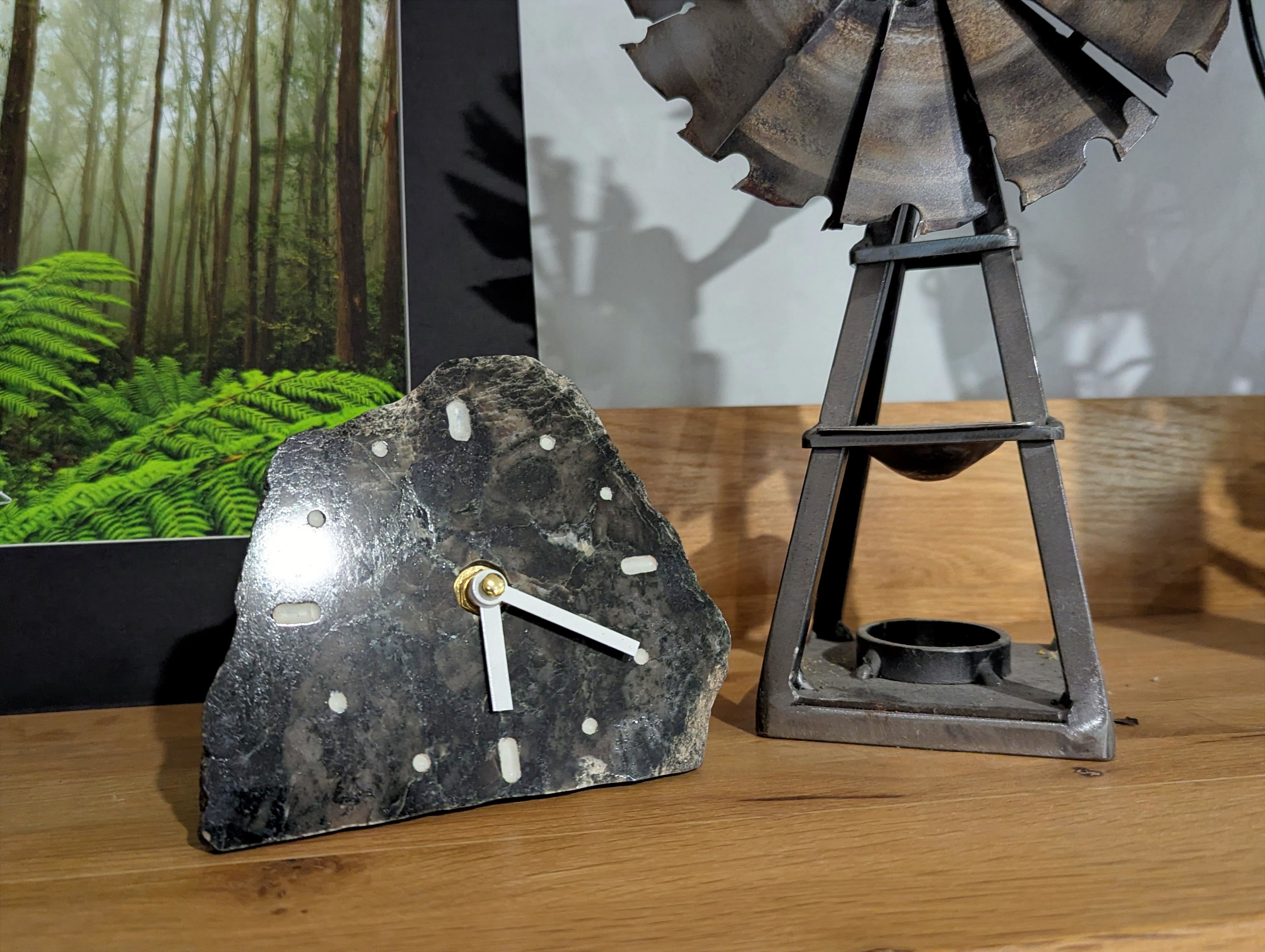 Polished Black & White Marble Stone Slab Clock