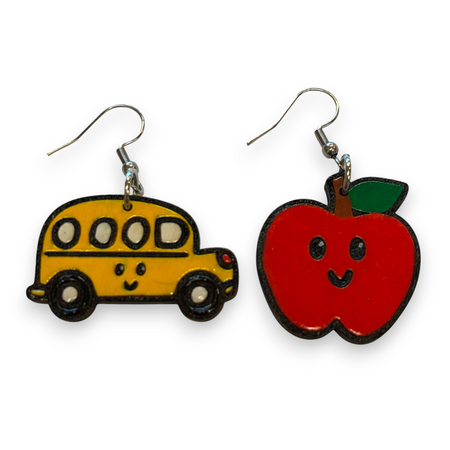 School Bus & Apple Teacher Earrings - hand painted