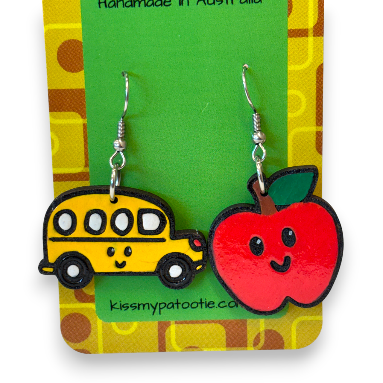 School Bus & Apple Teacher Earrings - hand painted