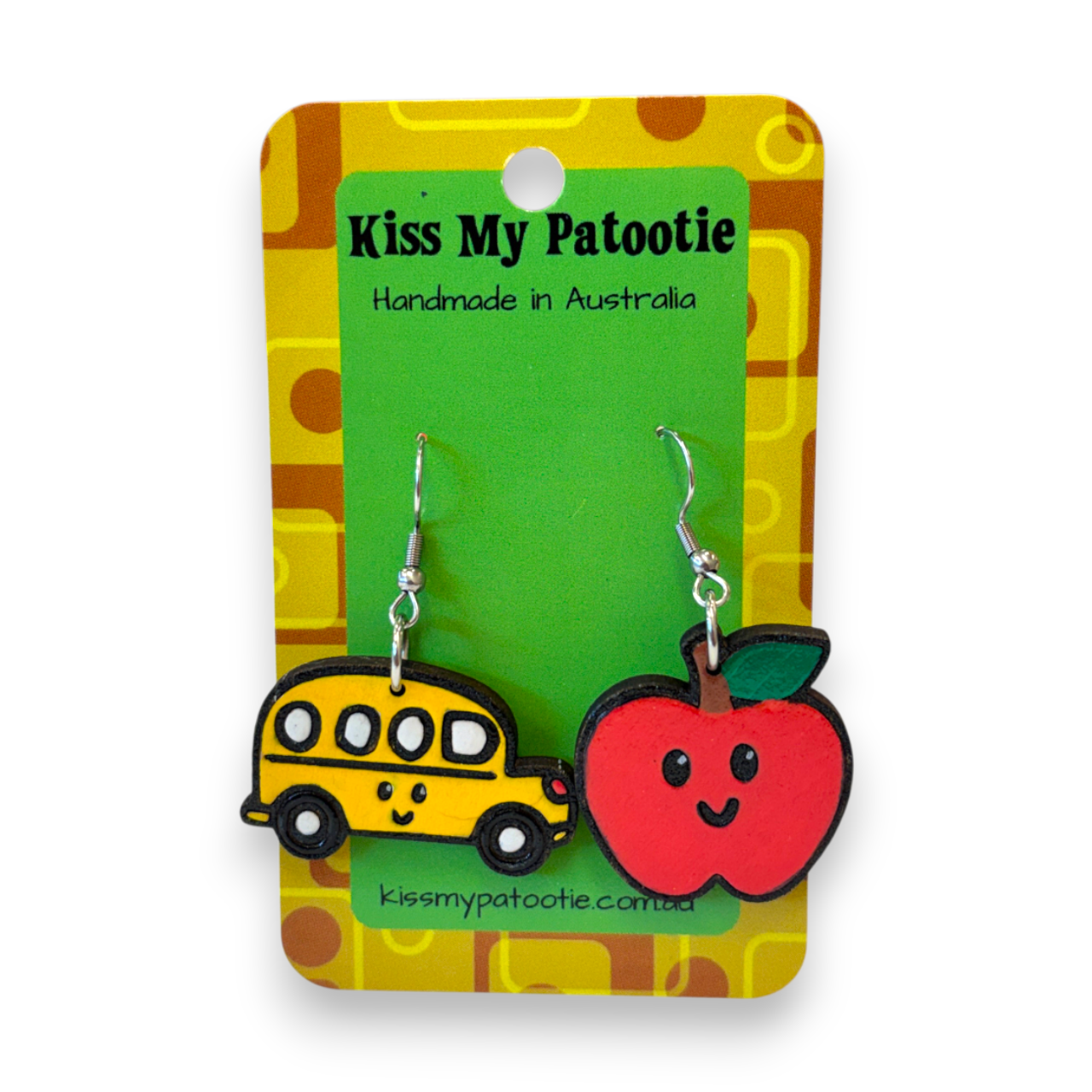 School Bus & Apple Teacher Earrings - hand painted