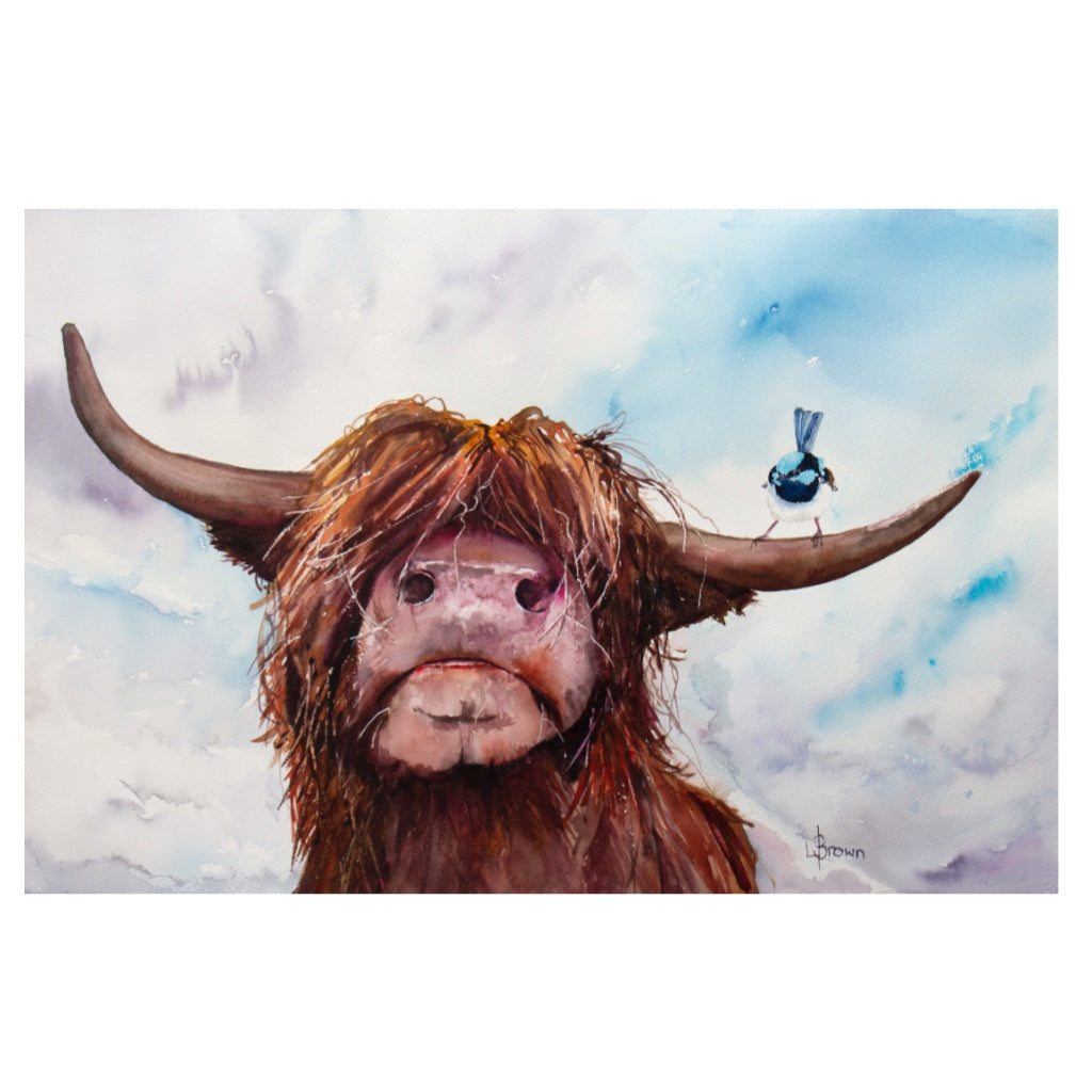 Fairy Wren and Highland Cow A3 Fine Art Print