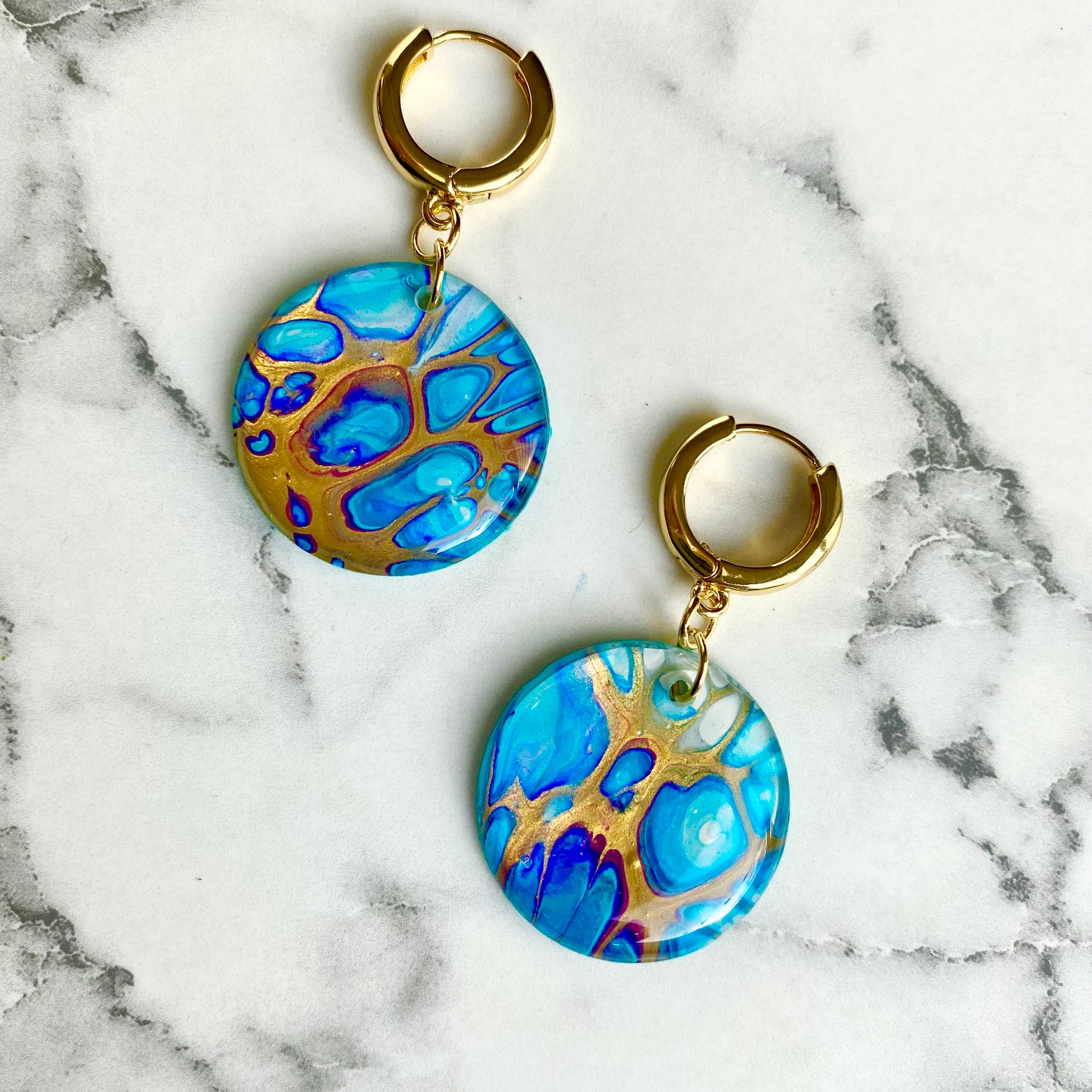 Turquoise and Gold Art Huggie Hoop Earrings
