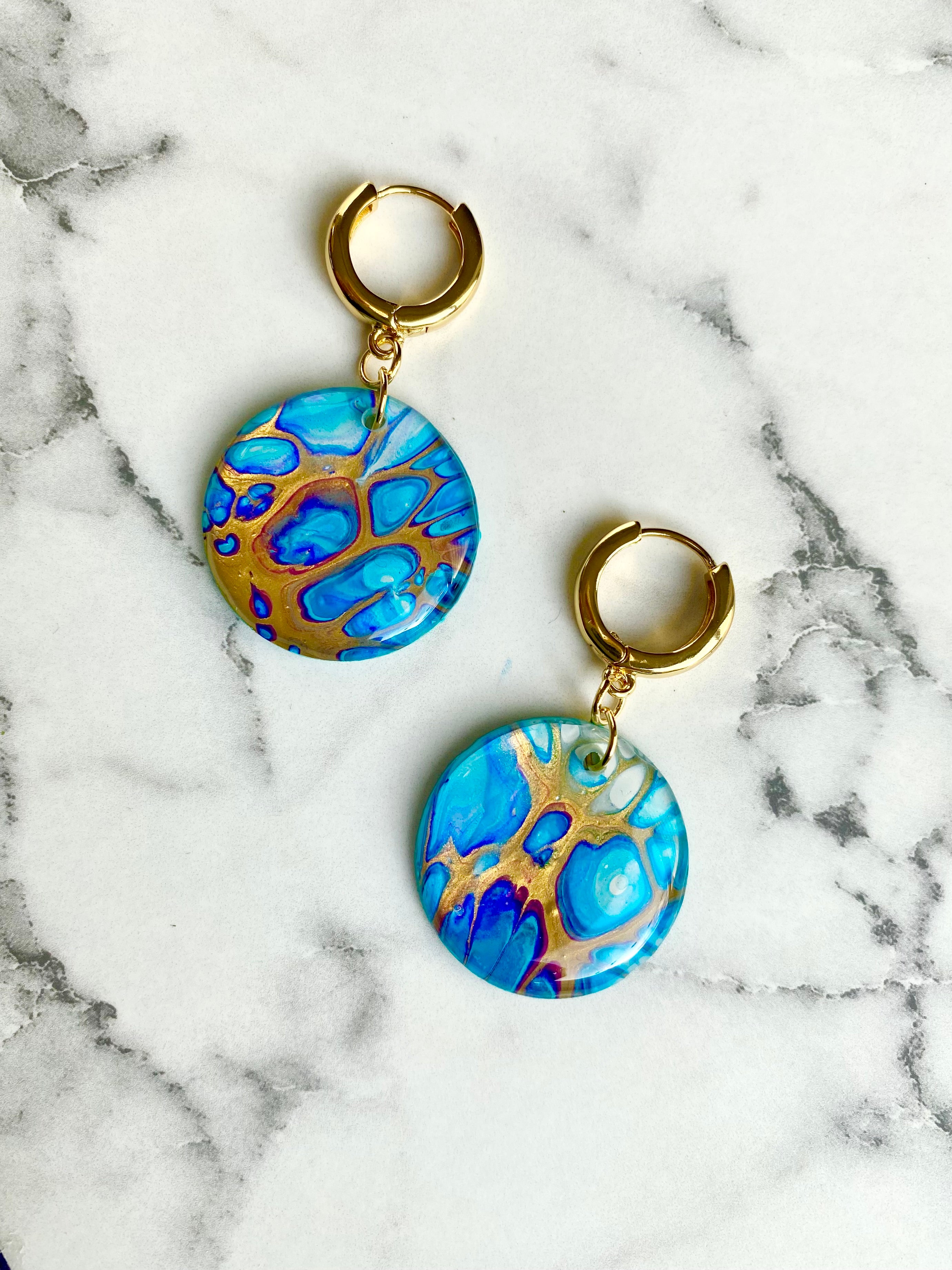 Turquoise and Gold Art Huggie Hoop Earrings