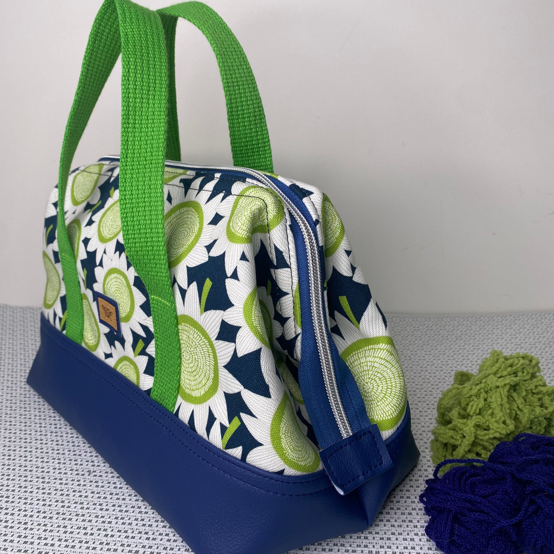 Project Bag - Green Sun Flowers on Navy with a Navy Faux Leather Base