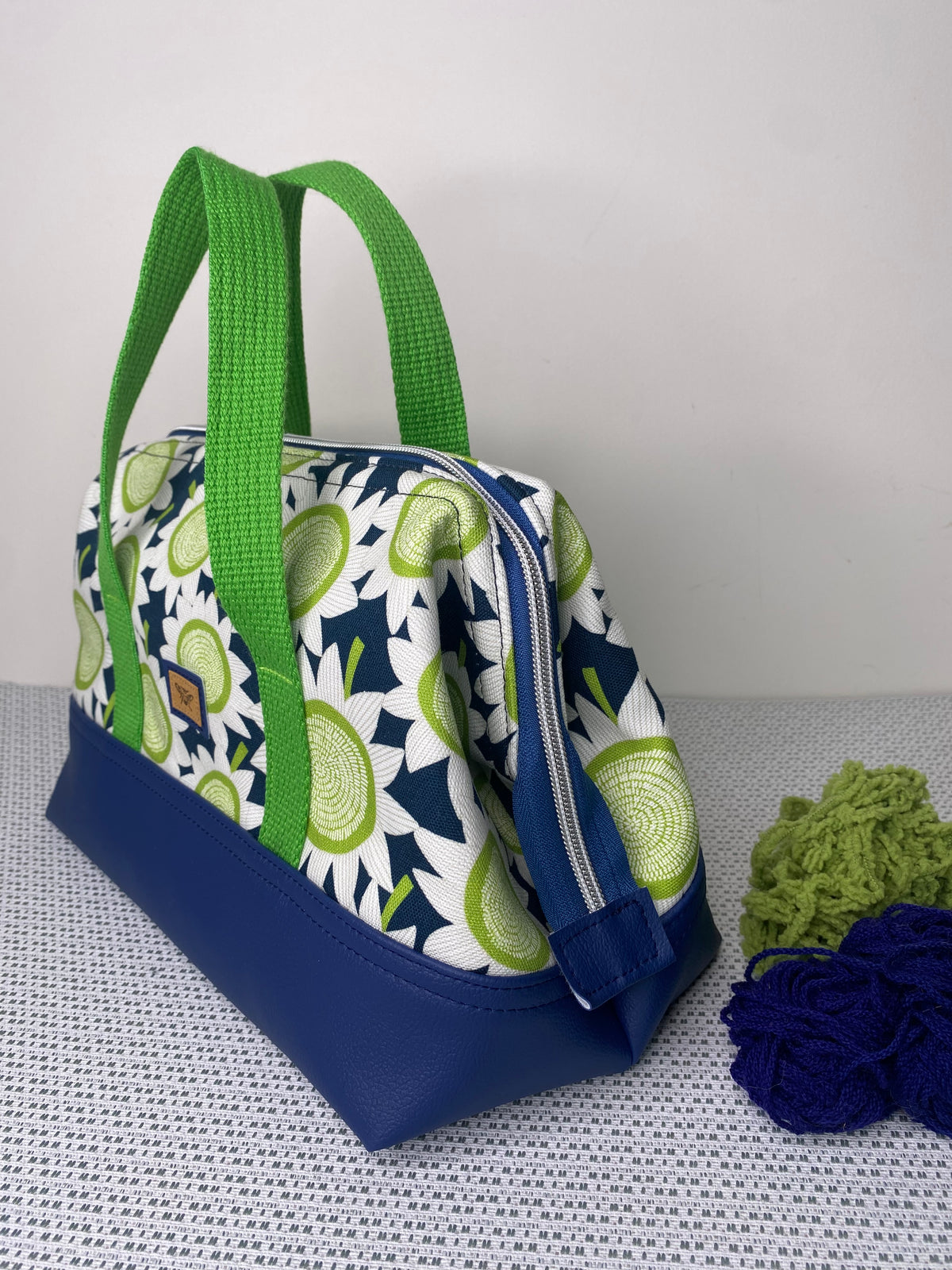 Project Bag - Green Sun Flowers on Navy with a Navy Faux Leather Base