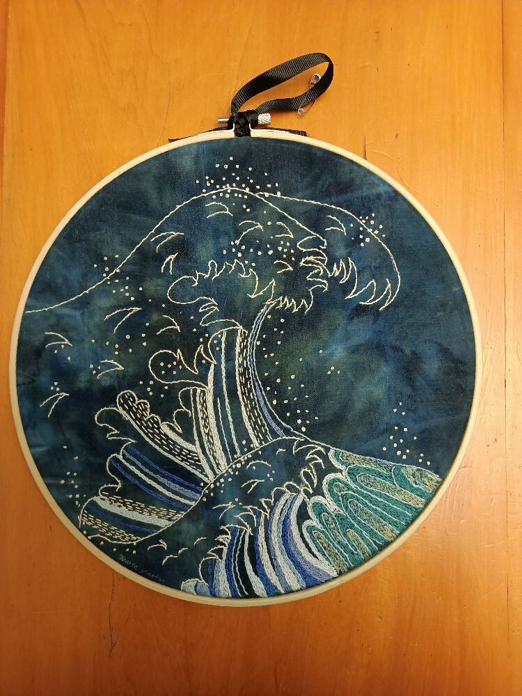 26.5 Cyanotype and embroidery wall hanging on 100% cotton in timber hoop