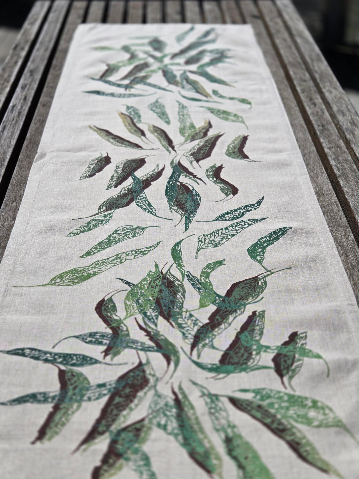 Hand Screen Printed Linen Table Runners-Eucalypt Fallen Leaves (choice of 2 colourways)