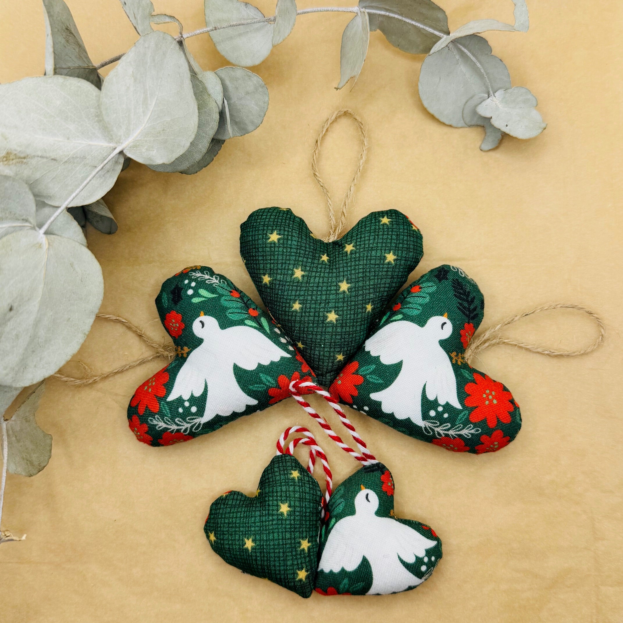 Handmade Red & Green Dove Christmas Hearts