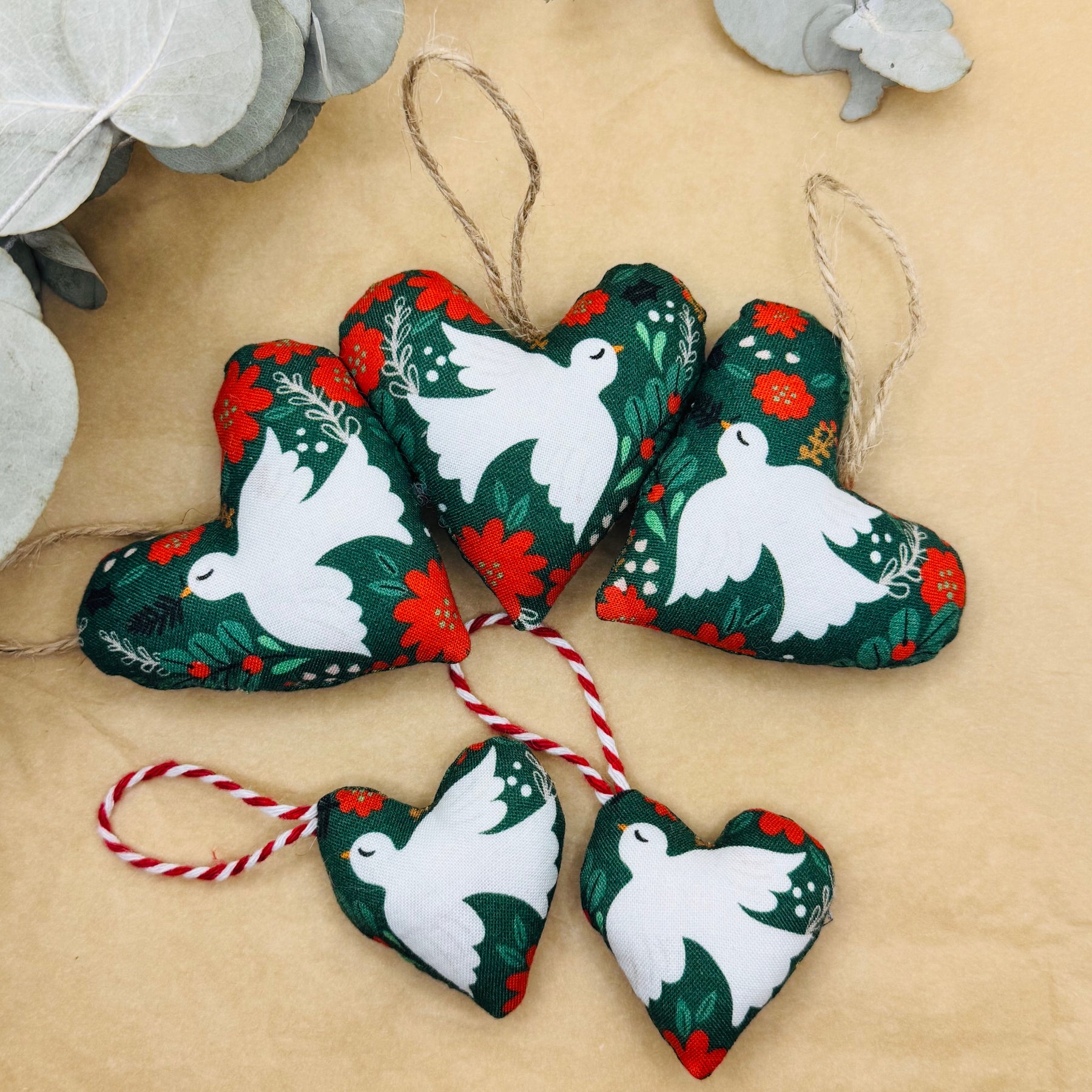 Handmade Red & Green Dove Christmas Hearts