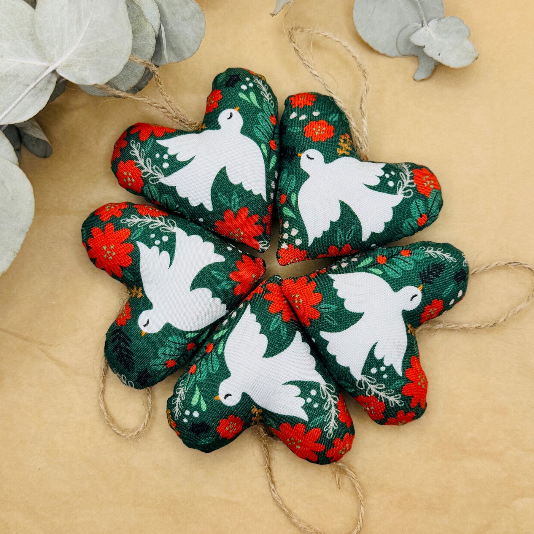 Handmade Red & Green Dove Christmas Hearts