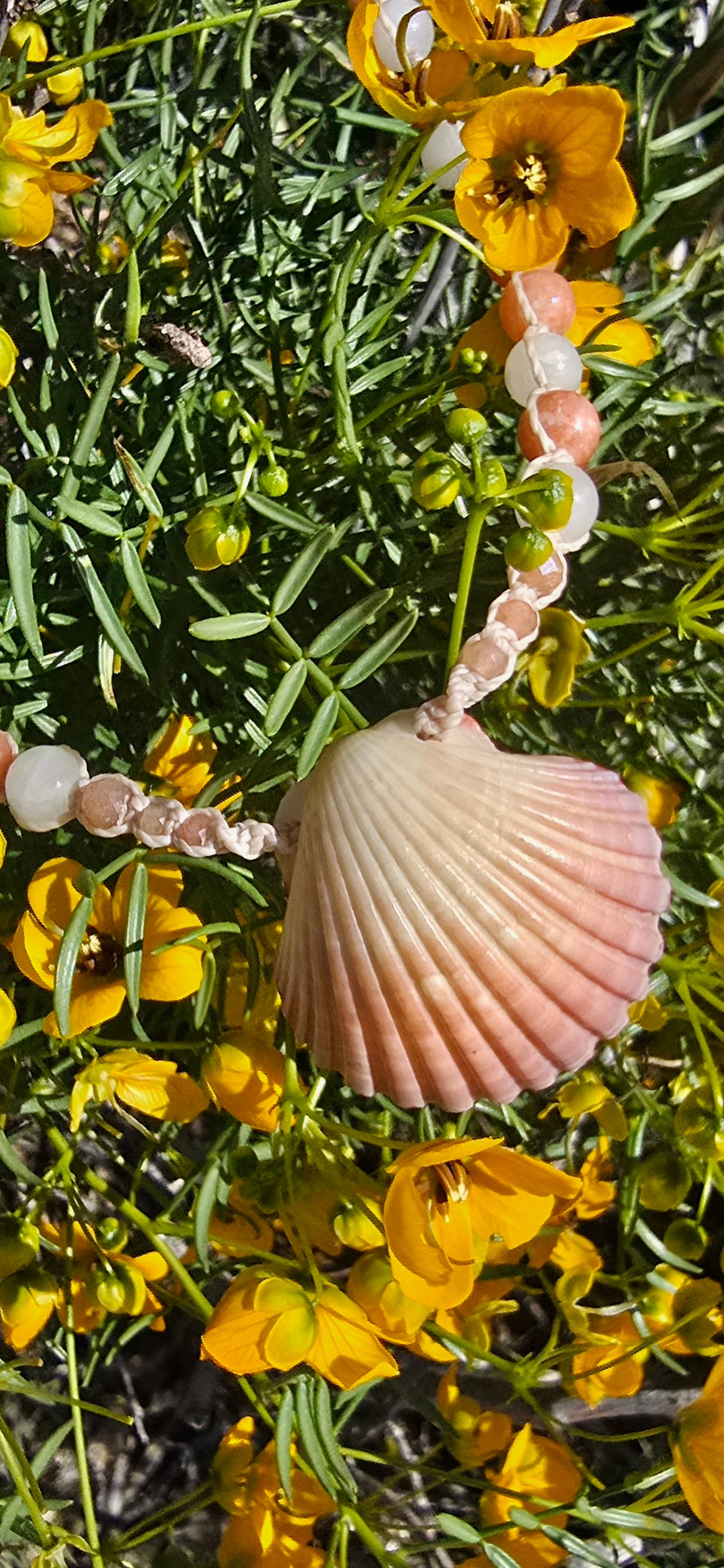 Scallop Shell Necklace with Peach Calcite, Rose Quartz, Sunstone