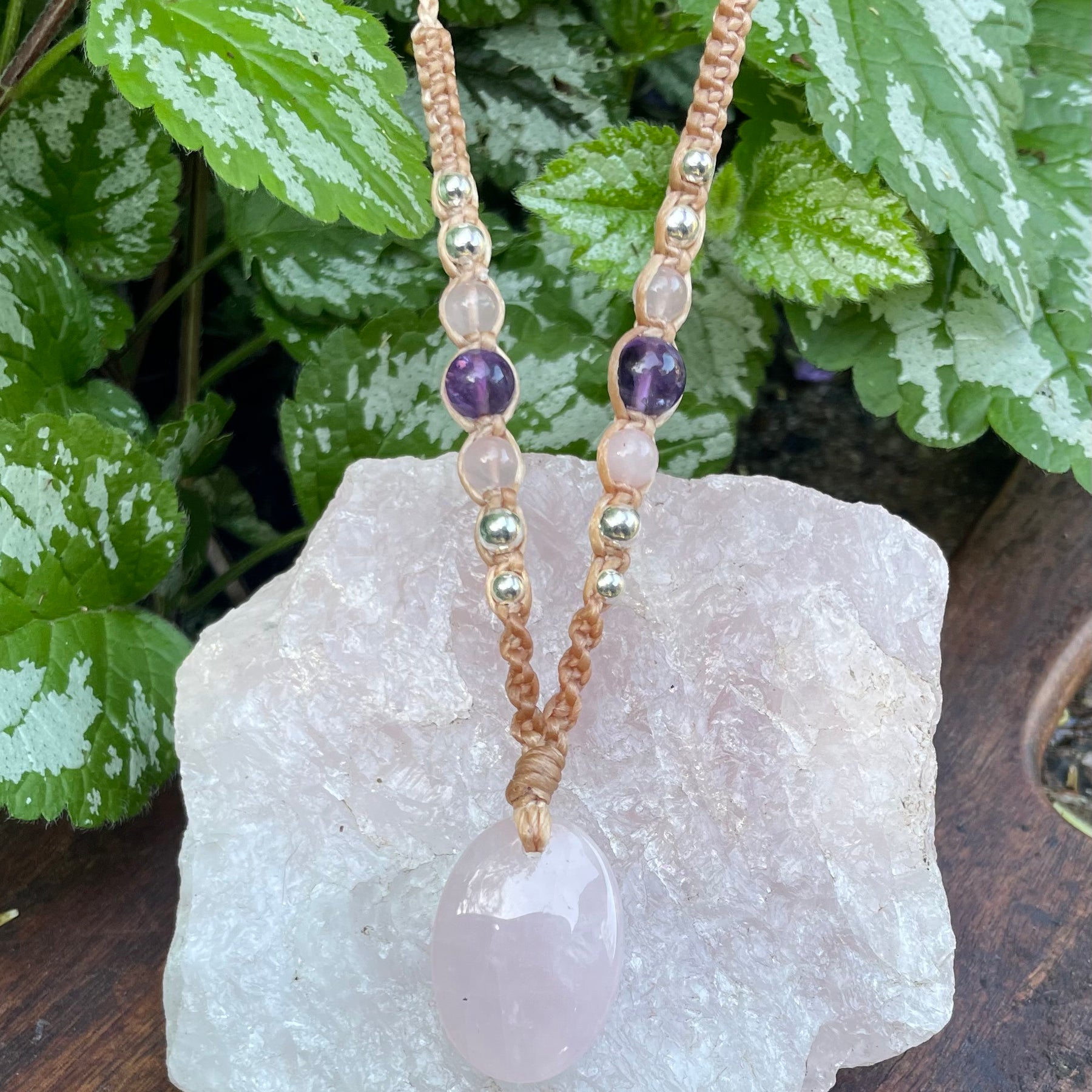 Rose Quartz Pendant, Oval, beaded necklace macrame adjustable