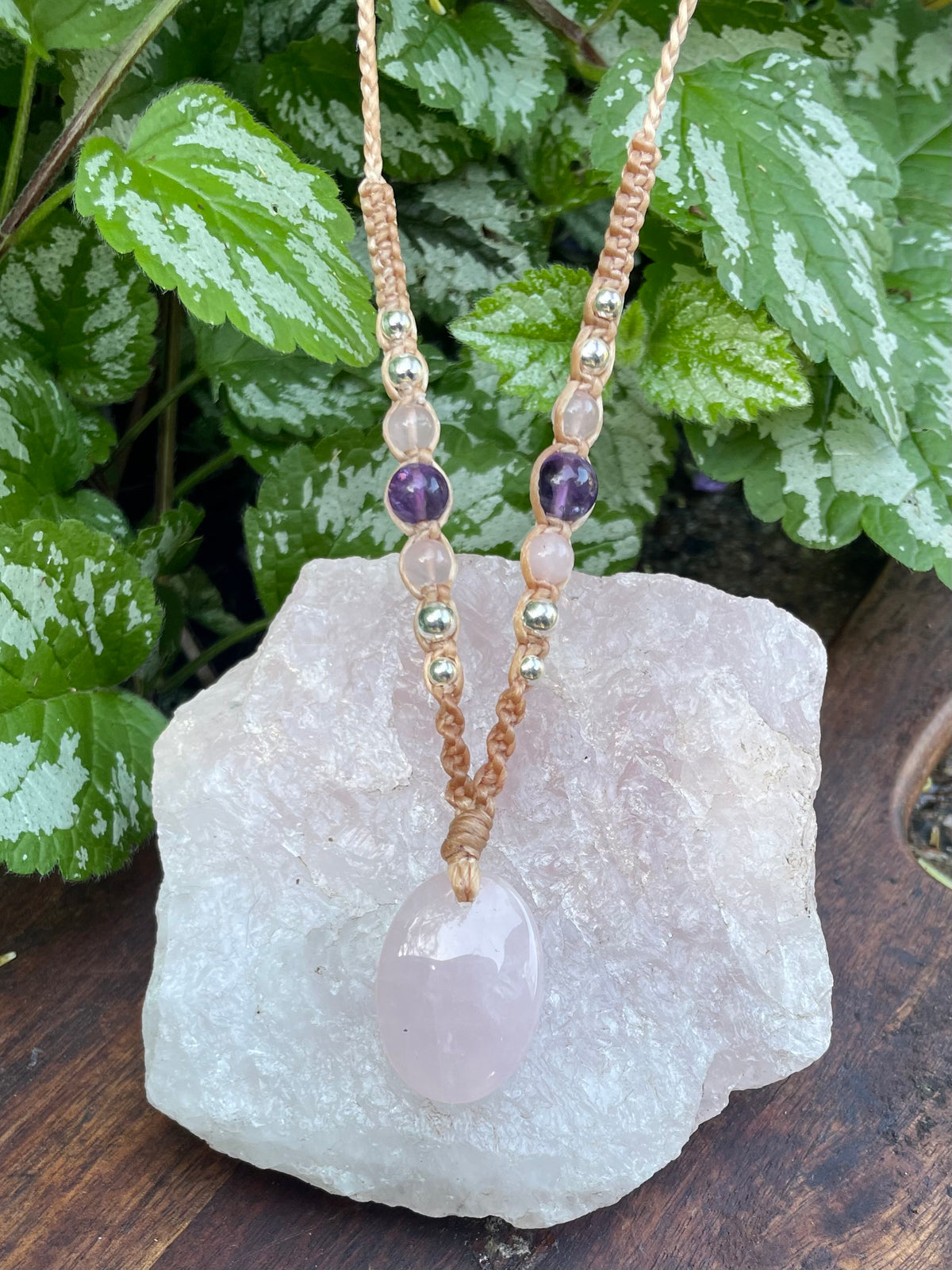 Rose Quartz Pendant, Oval, beaded necklace macrame adjustable